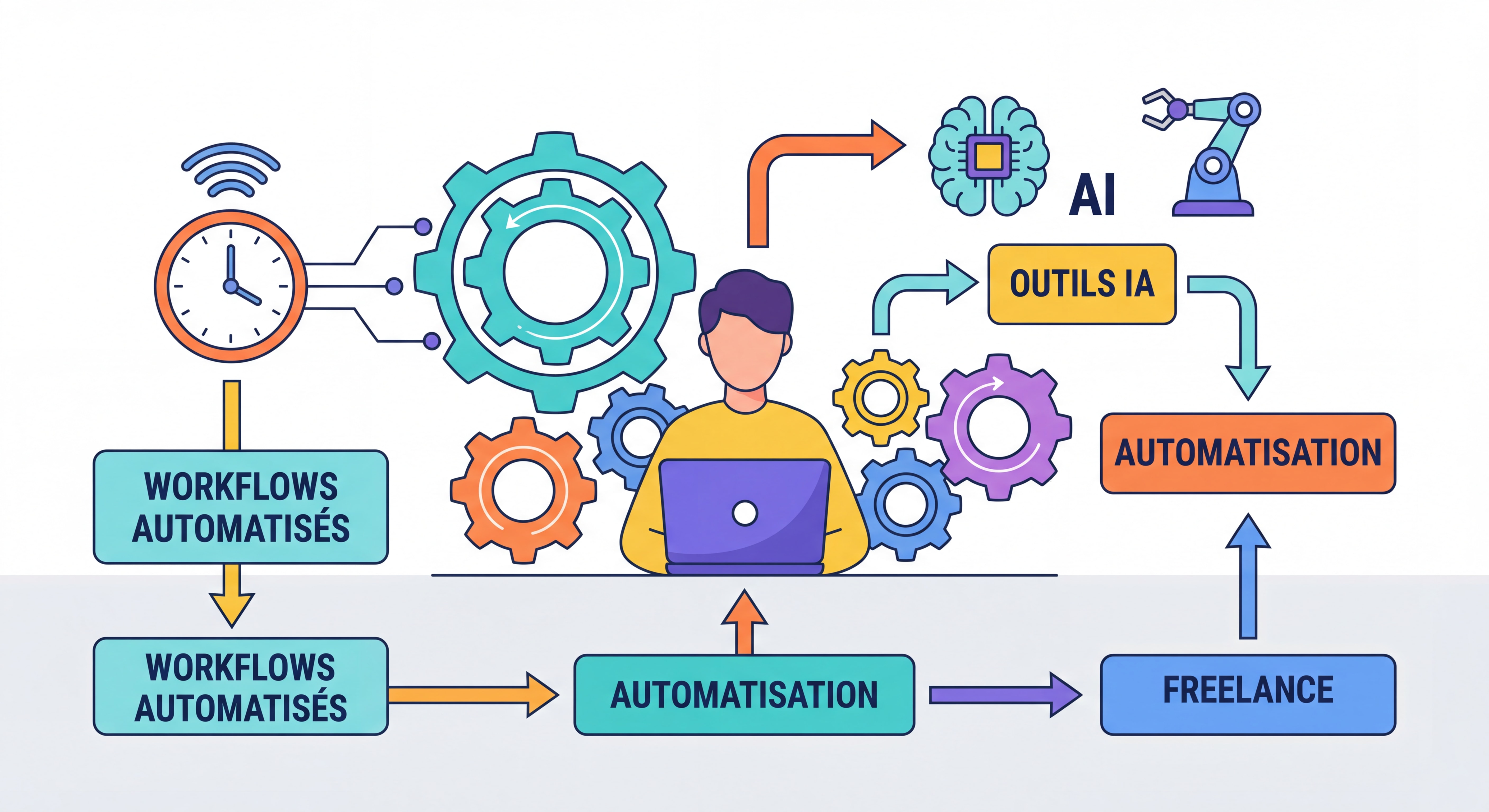 Illustration flat design moderne représentant l'automation freelance — engrenages numériques, horloge connectée, outils IA et workflows automatisés, couleurs vives et épurées