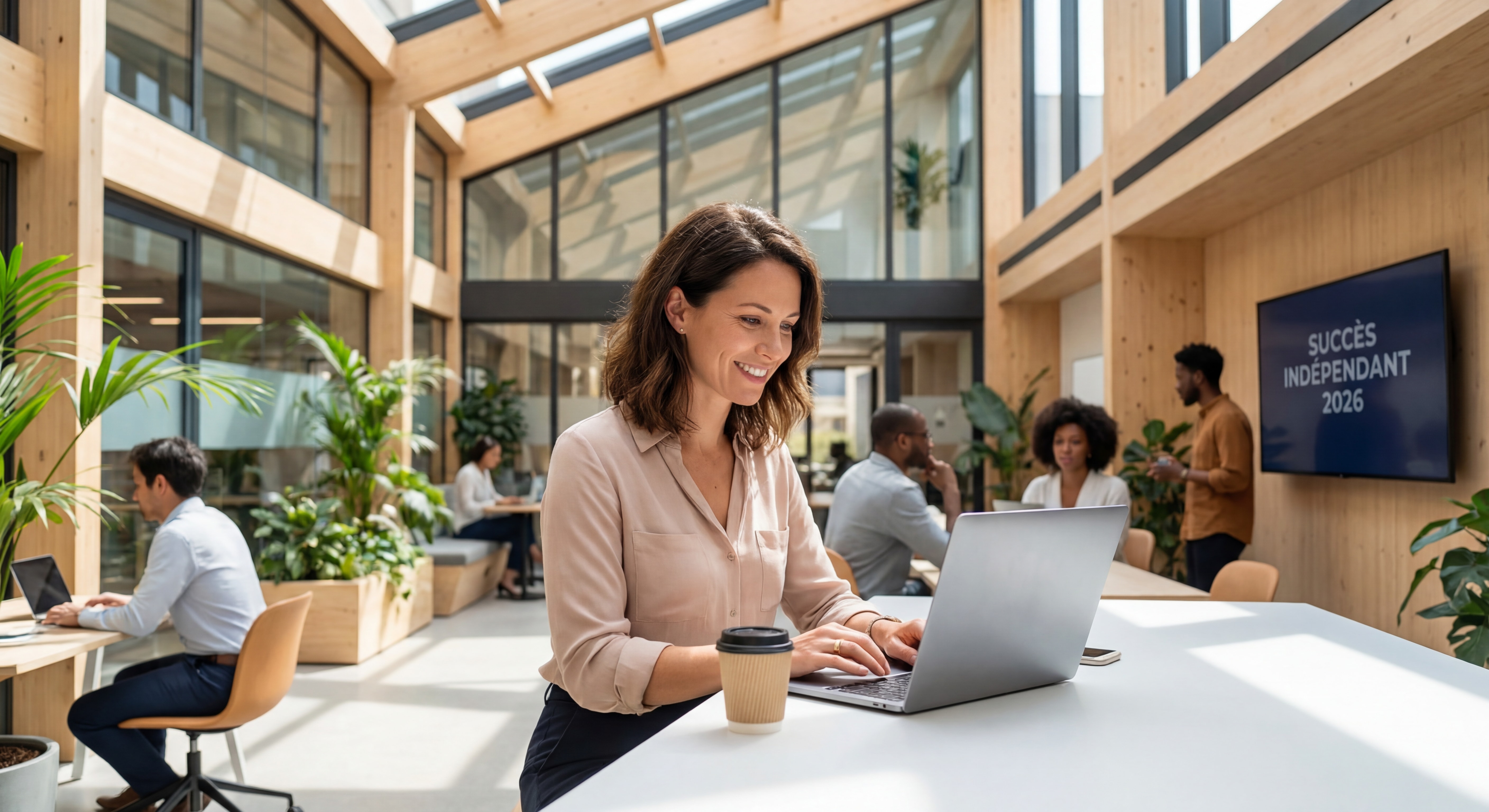 Freelance confiant travaillant sur son laptop dans un espace de coworking moderne, lumière naturelle, posture assurée, symbolisant la réussite de l'indépendant en 2026