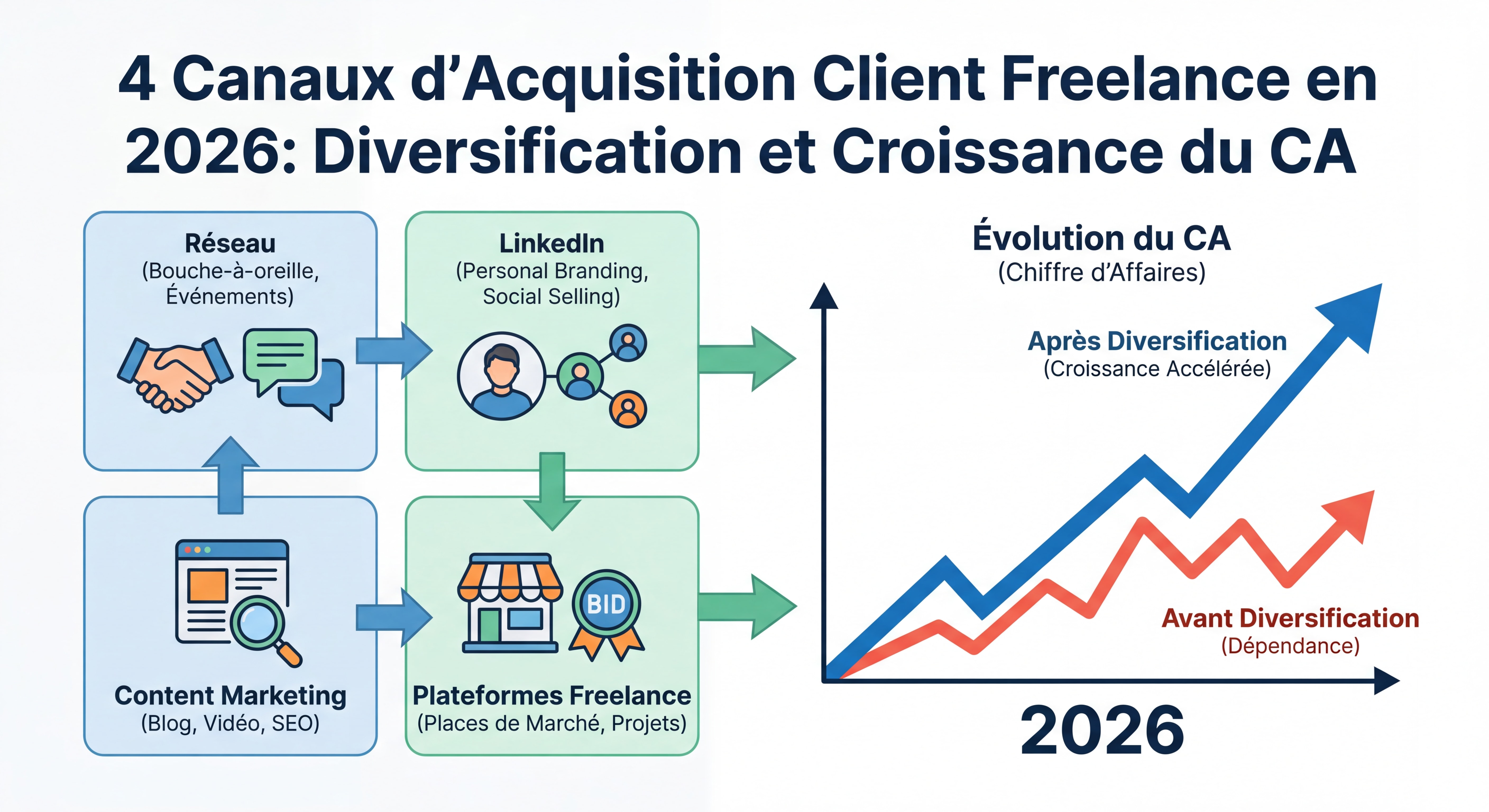 Infographie illustrant les 4 canaux d'acquisition client pour freelances en 2026 — réseau, LinkedIn, content marketing, plateformes — avec courbe d'évolution du CA avant et après diversification