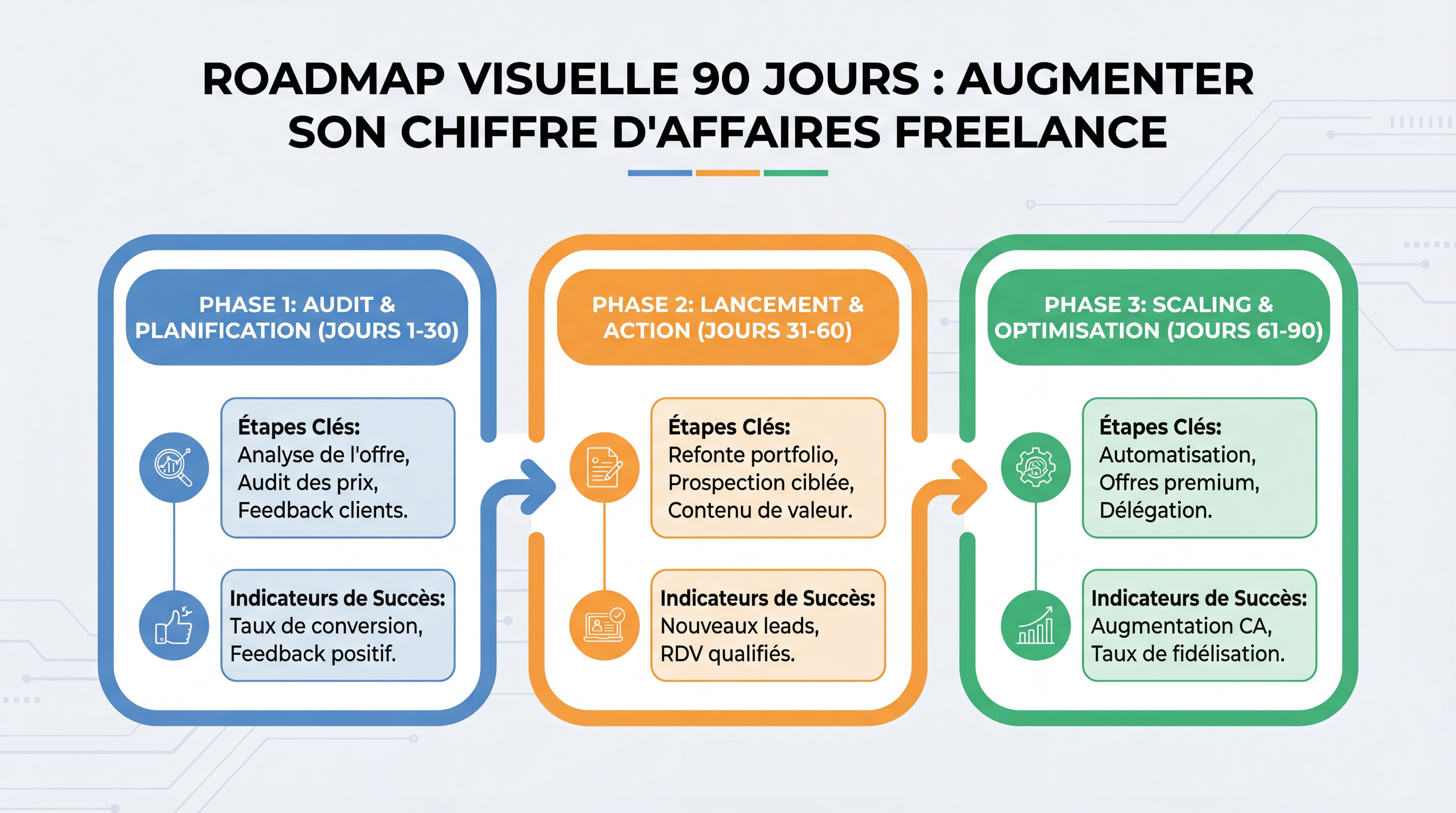 Roadmap visuelle 90 jours pour augmenter son chiffre d'affaires freelance — timeline avec 3 phases colorées (Audit, Lancement, Scaling), étapes clés et indicateurs de succès