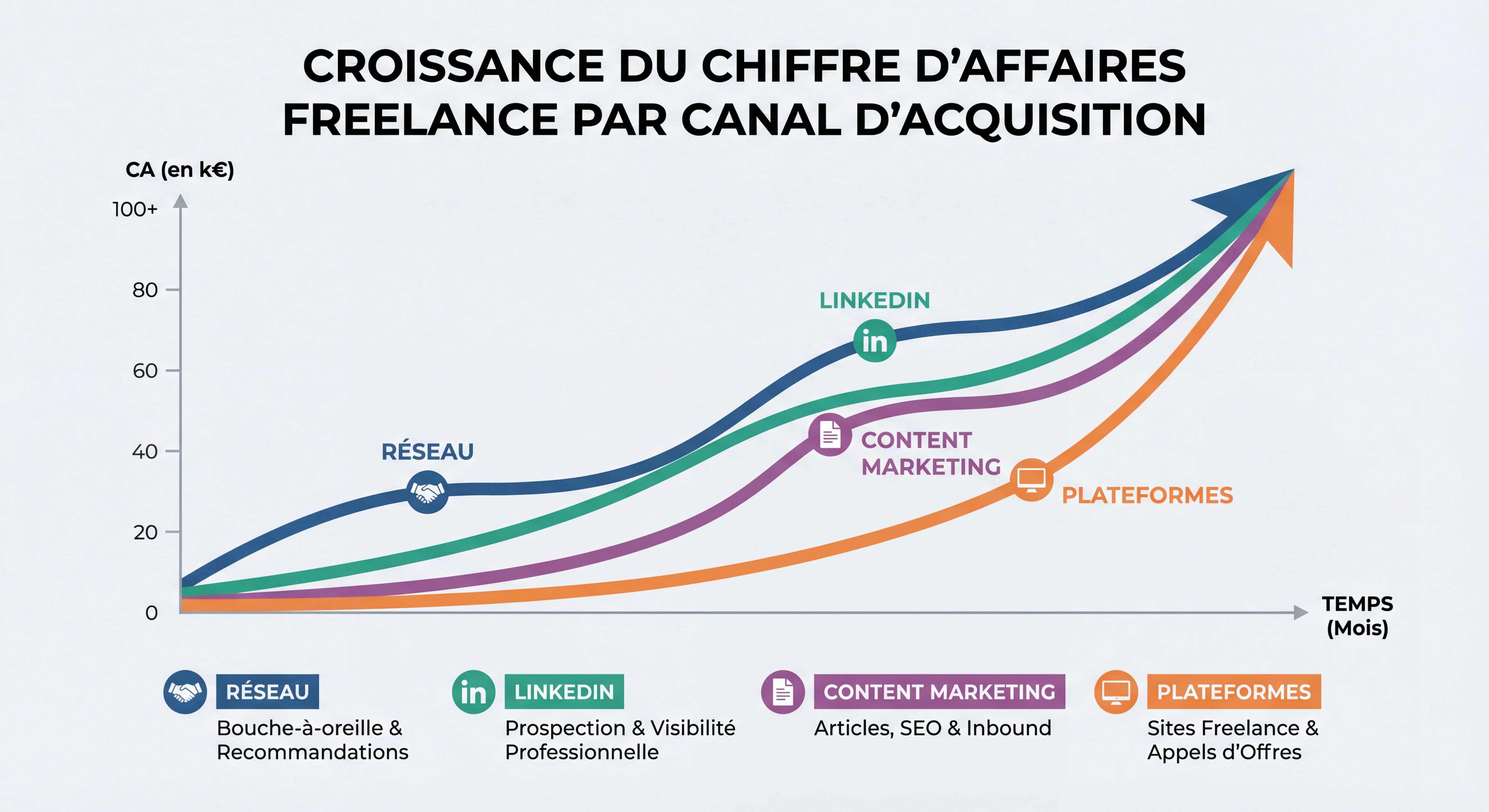 Infographie montrant une courbe ascendante de CA avec les 4 canaux d'acquisition freelance (réseau, LinkedIn, content marketing, plateformes) en couleurs distinctes, design moderne et épuré