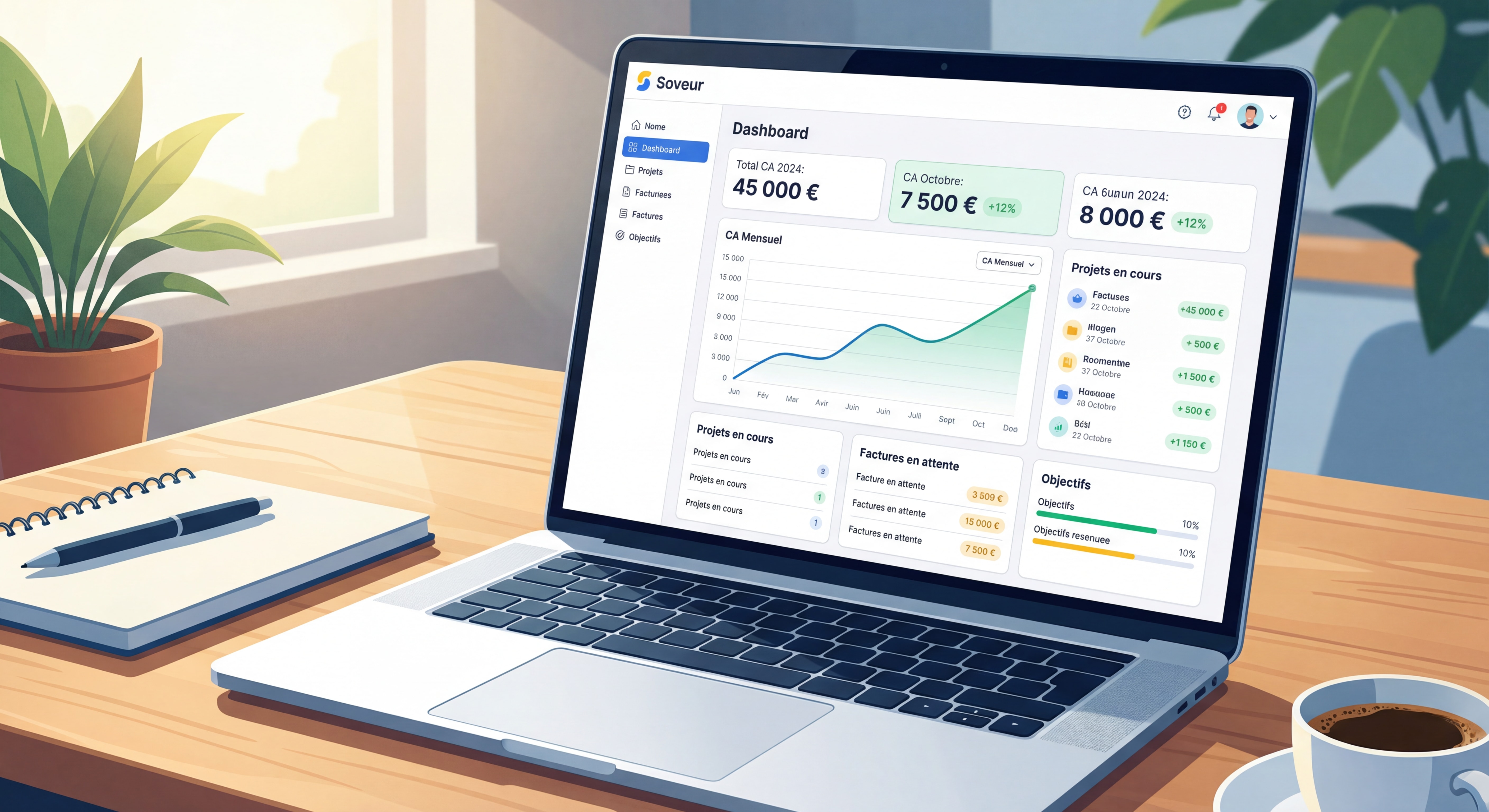 Dashboard propre et moderne d'un outil de gestion freelance (type Soveur) affichant un suivi de CA mensuel avec courbe ascendante, interface claire et inspirante
