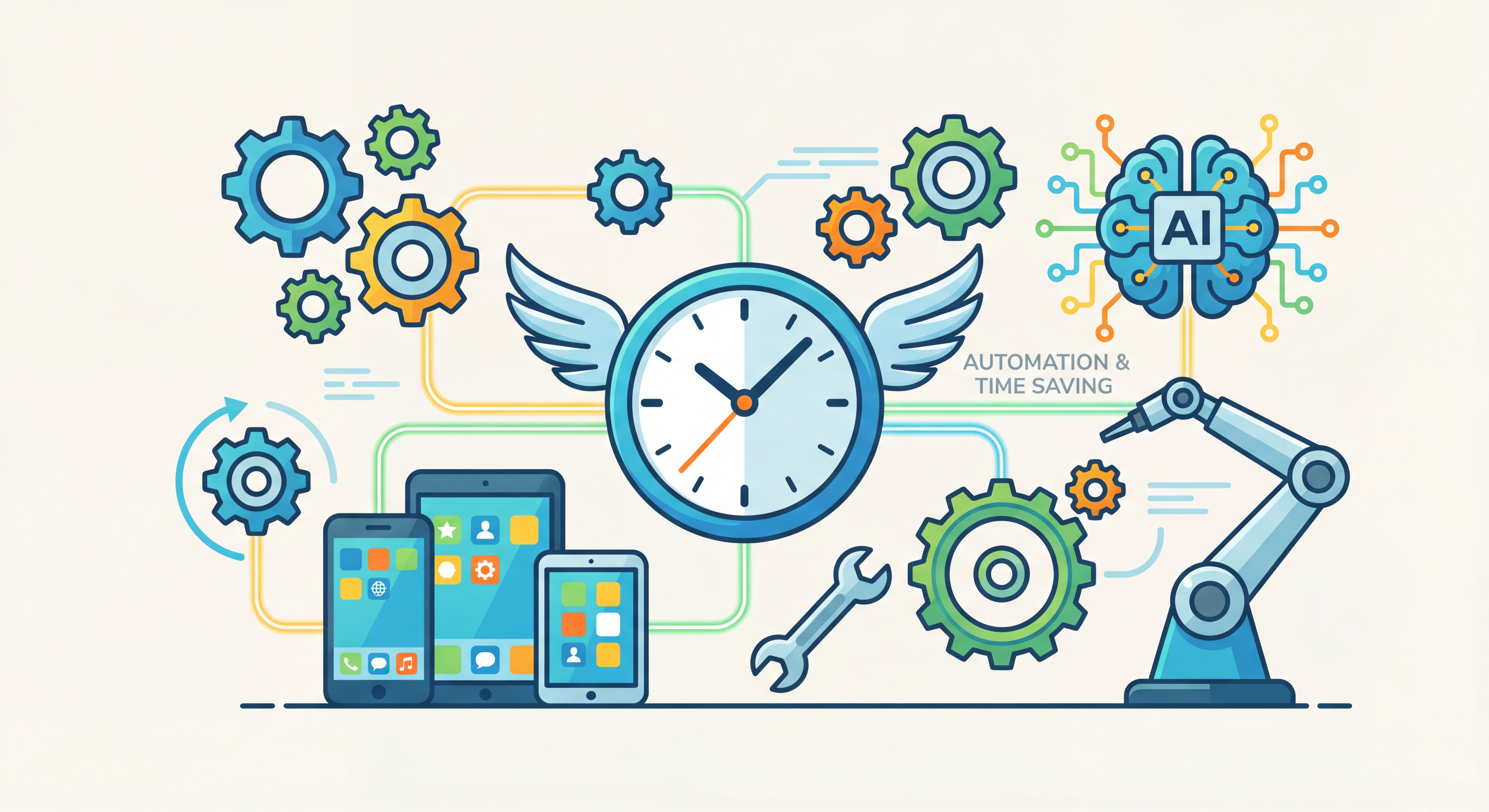 Illustration flat design moderne représentant l'automation et le gain de temps — engrenages, horloge, outils connectés et symboles d'IA, couleurs vives et épurées sur fond clair