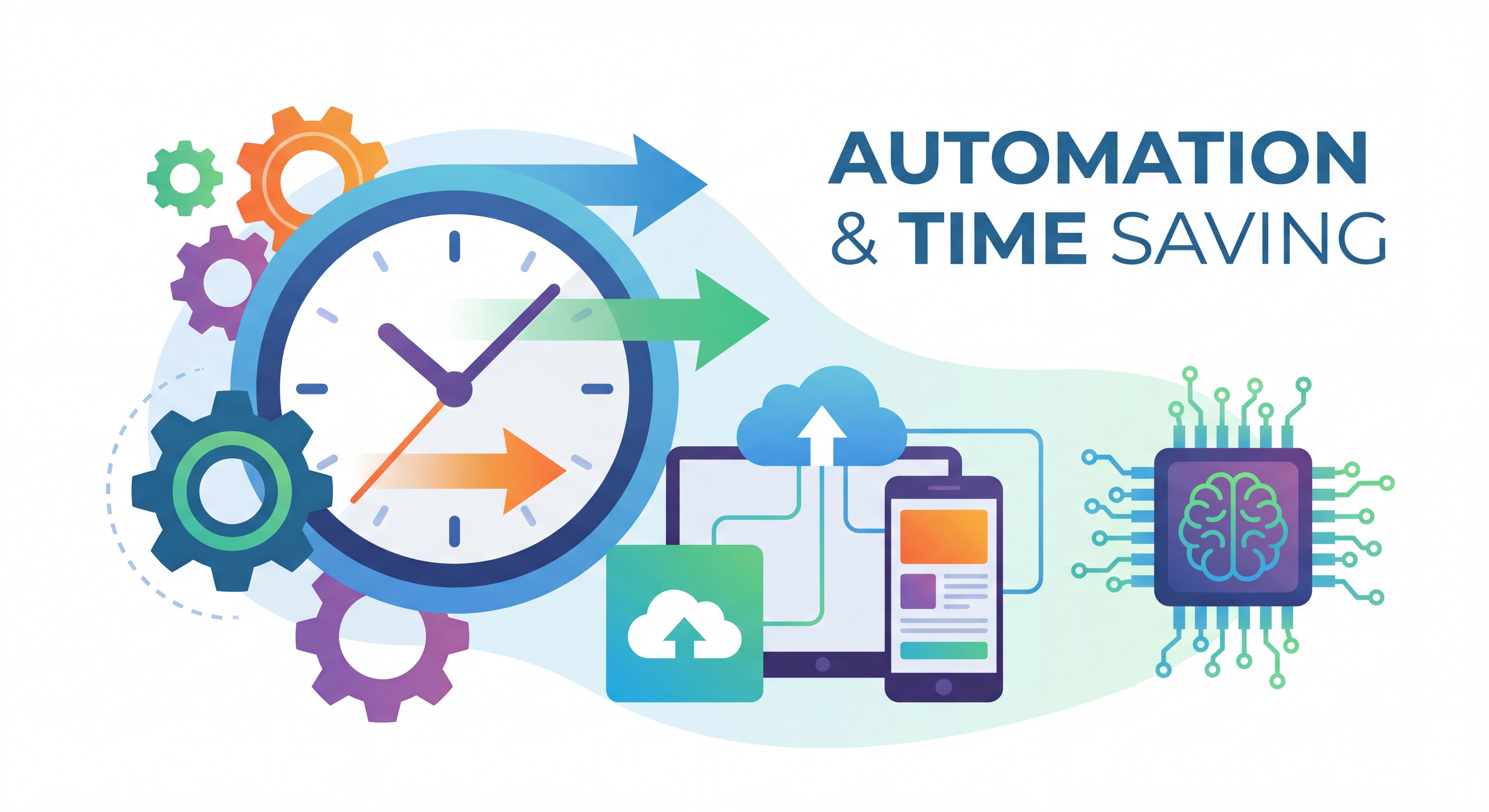 Illustration flat design moderne représentant l'automation et le gain de temps — engrenages, horloge, outils connectés et IA, couleurs vives et professionnelles