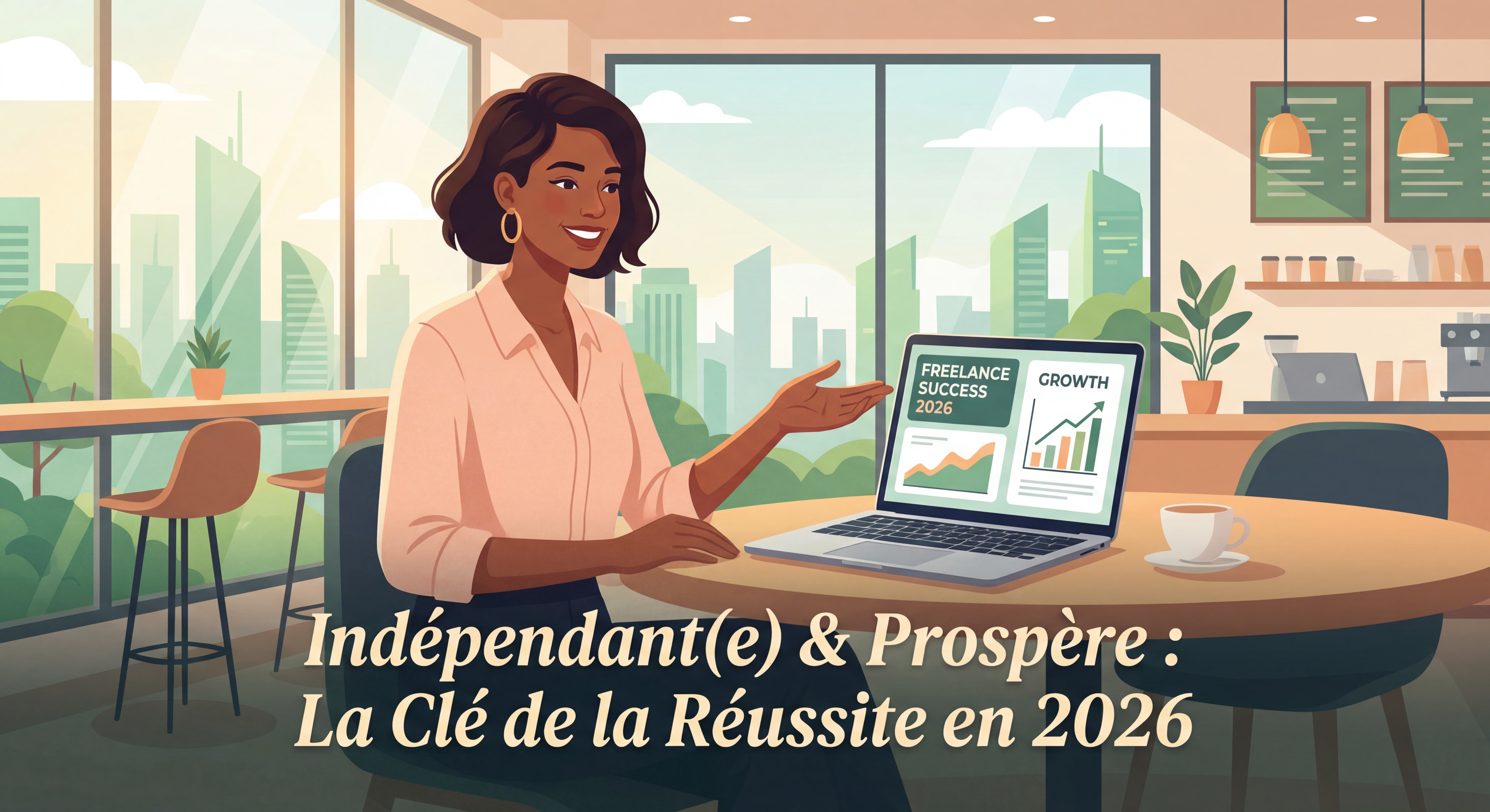 Indépendant(e) confiant(e) souriant devant un laptop dans un espace de travail moderne et lumineux, symbolisant la réussite en freelance en 2026