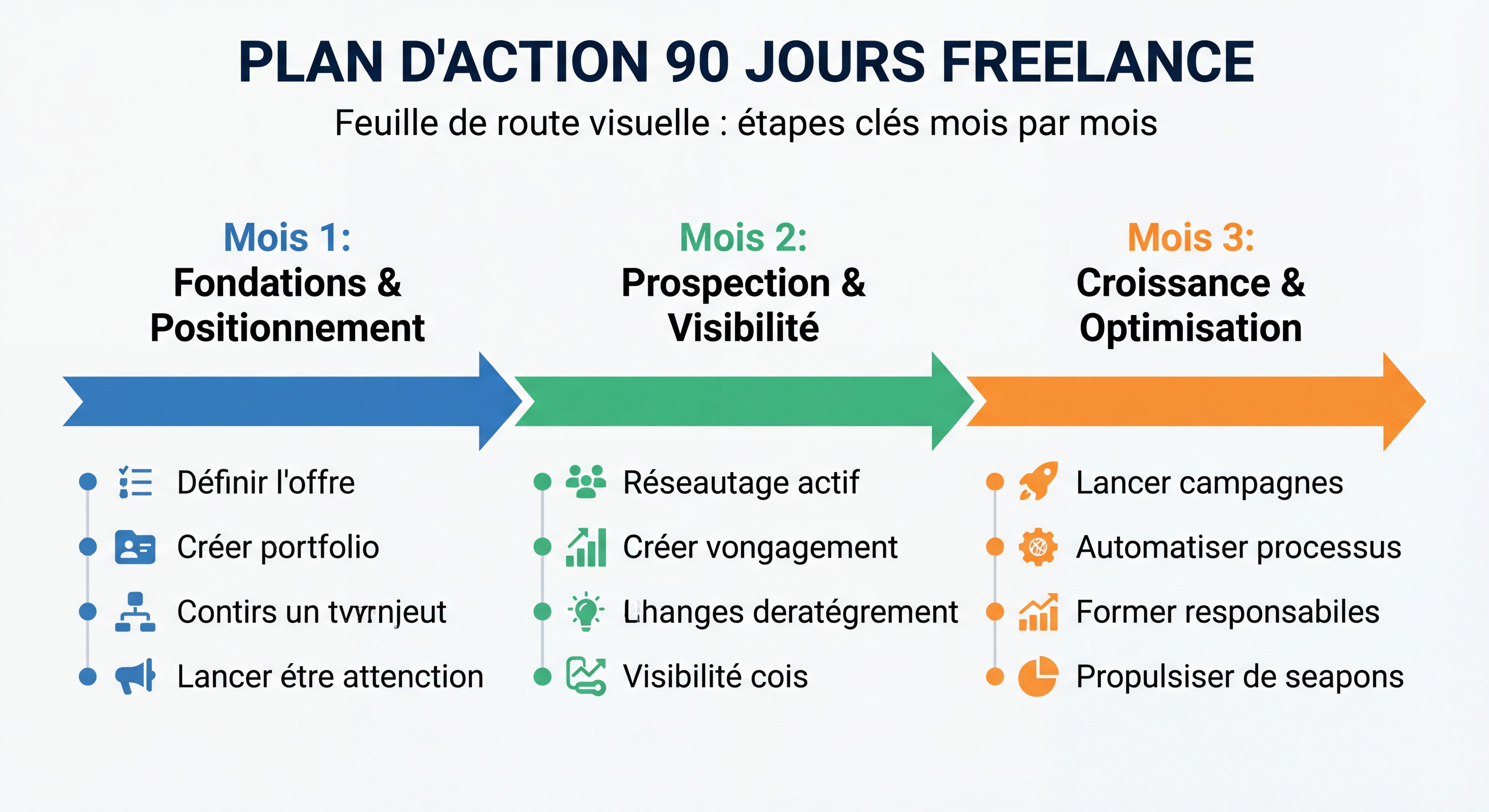 Infographie roadmap plan d'action 90 jours pour freelance — timeline visuelle avec les étapes clés mois par mois, style épuré et actionnable