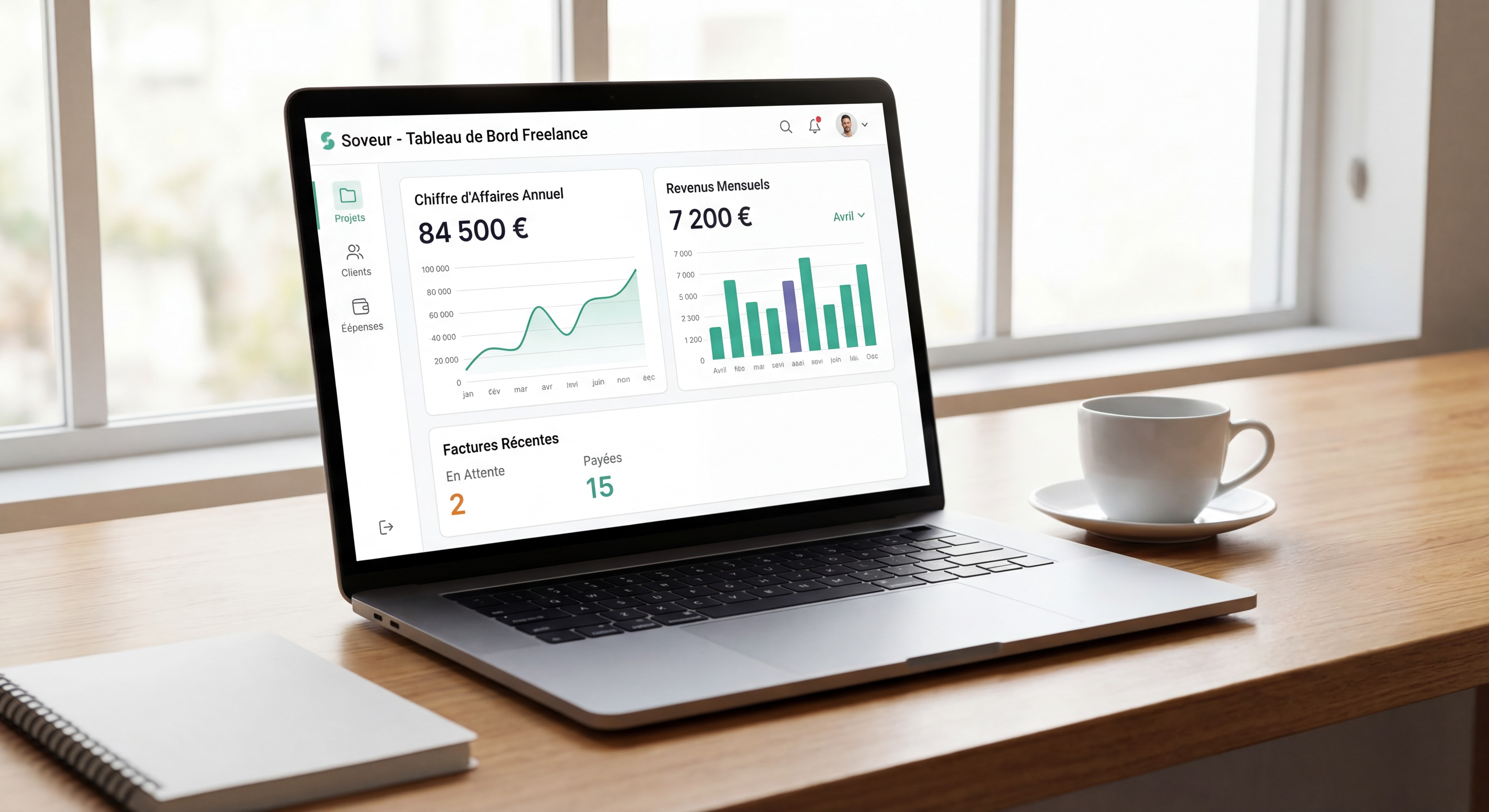 Dashboard d'outil de gestion freelance type Soveur — interface moderne et épurée montrant le suivi du chiffre d'affaires, des factures et des revenus mensuels