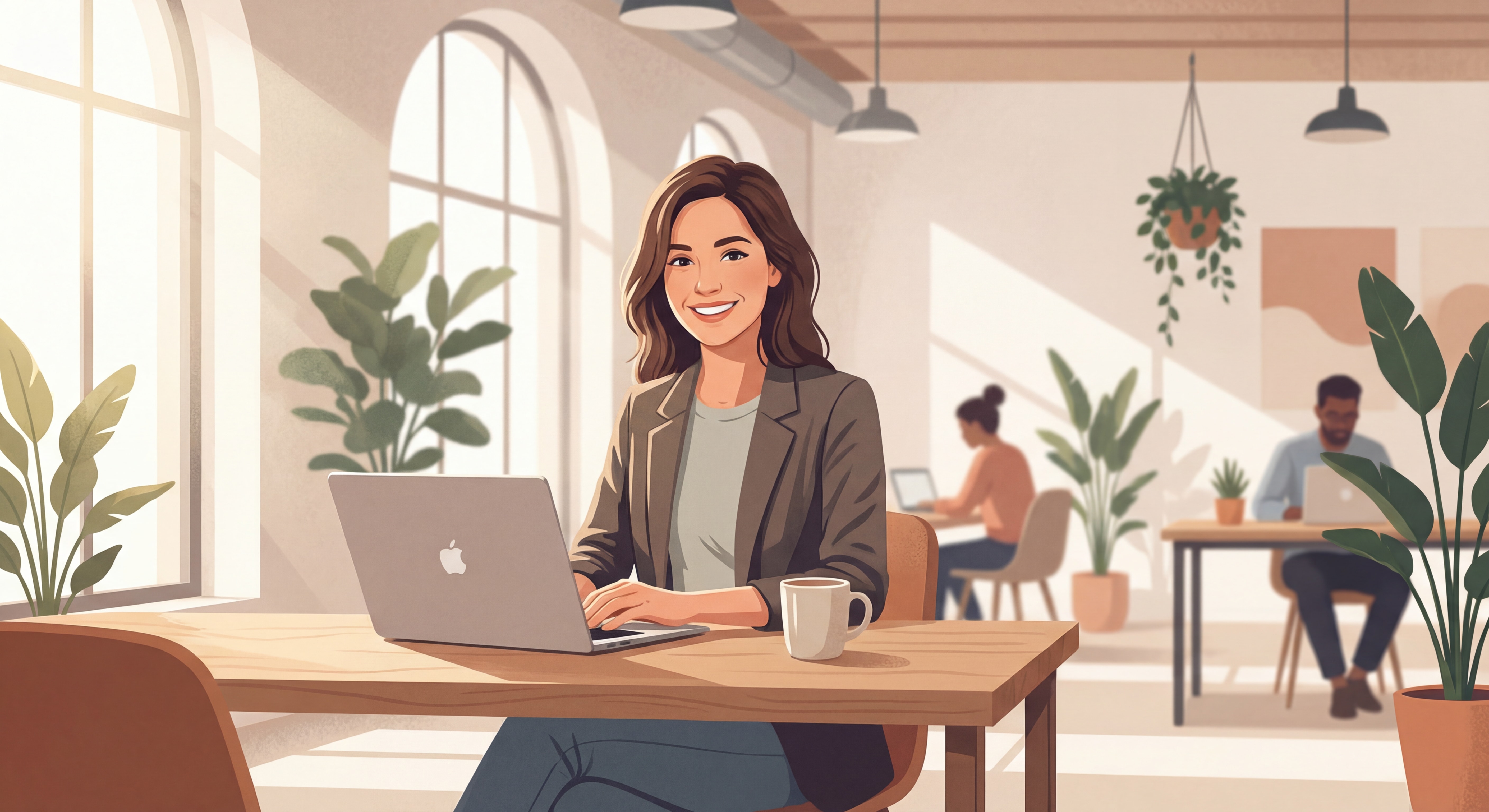 Indépendant(e) confiant(e) souriant devant un laptop dans un espace de coworking moderne, lumière naturelle, ambiance inspirante et professionnelle