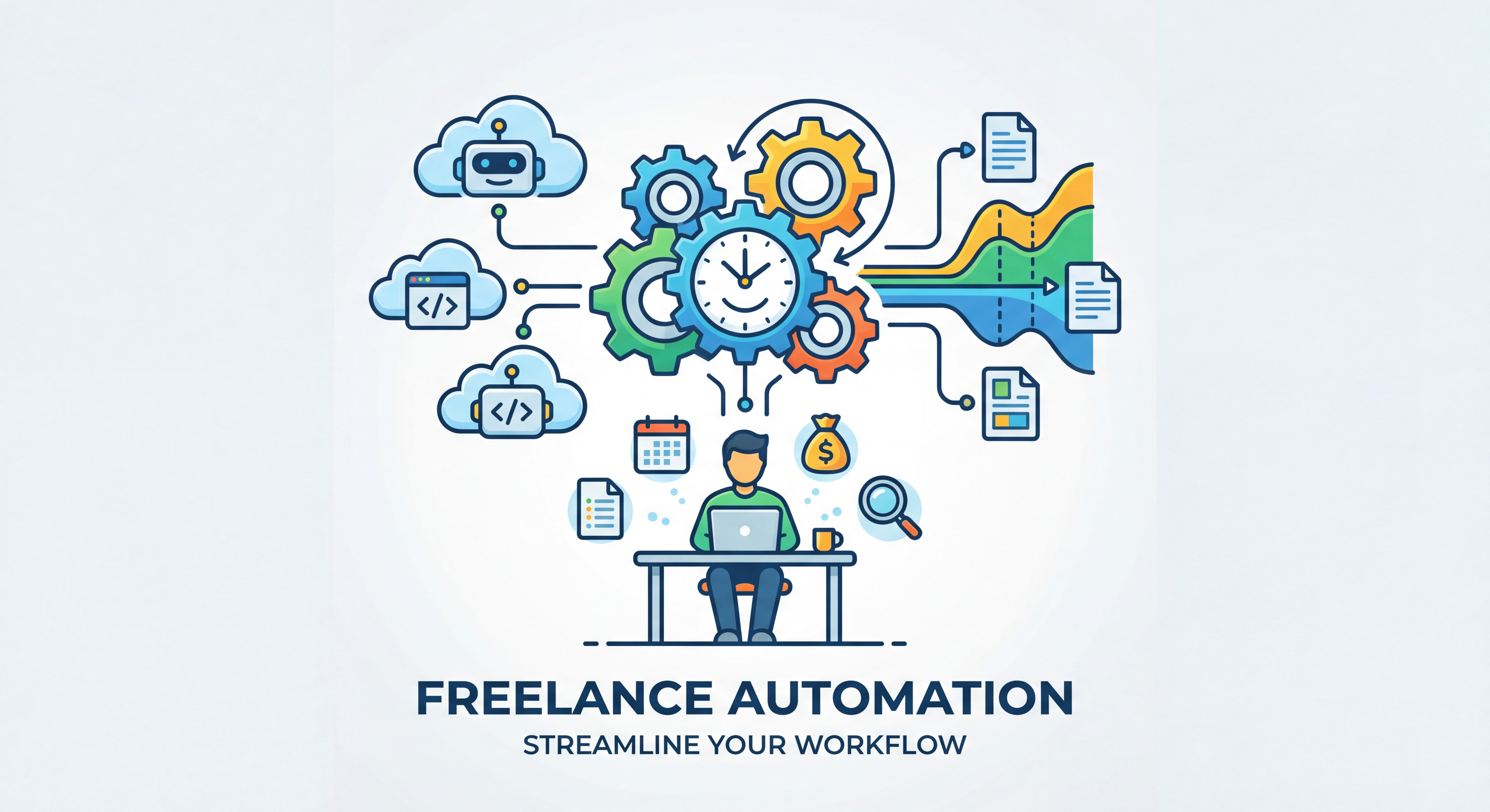 Illustration flat design moderne représentant l'automation freelance : engrenages connectés, horloge, outils IA et workflows numériques, couleurs vives et épurées sur fond clair