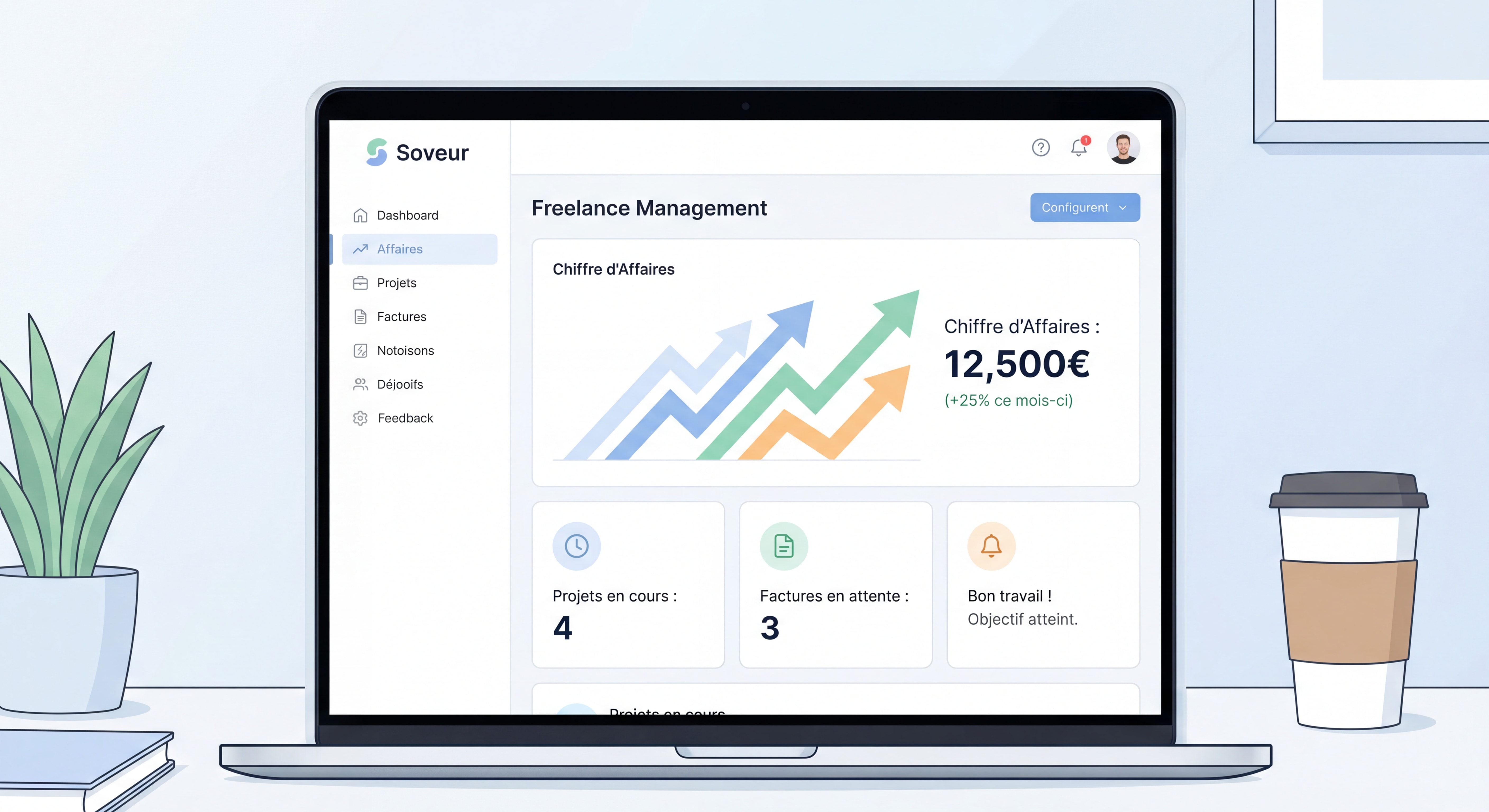 Dashboard d'outil de gestion freelance moderne type Soveur montrant un suivi de chiffre d'affaires avec des données inspirantes et une interface clean