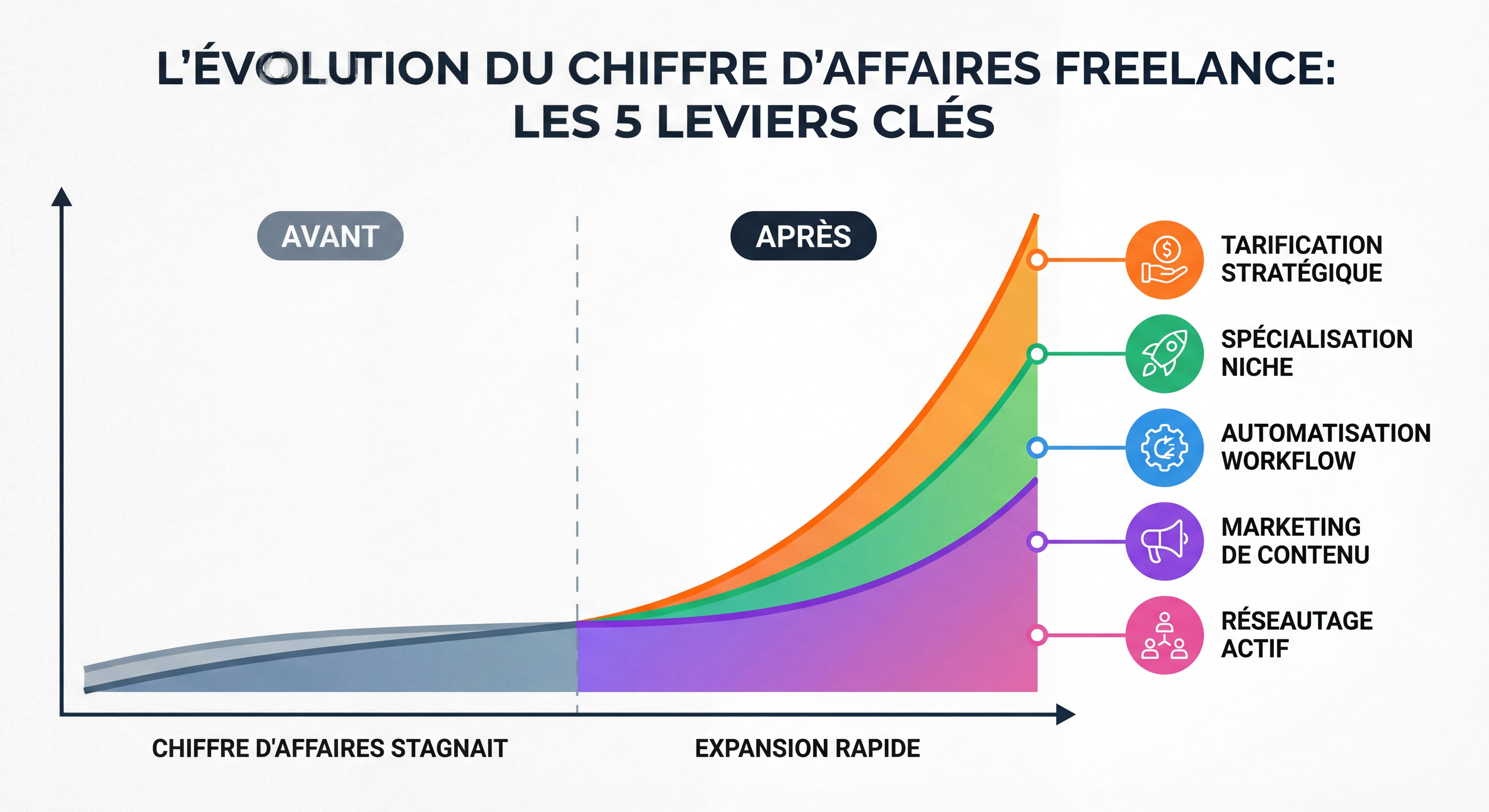 Infographie montrant une courbe d'évolution du chiffre d'affaires freelance avec les 5 leviers appliqués, graphique avant/après avec des couleurs vives et un design moderne