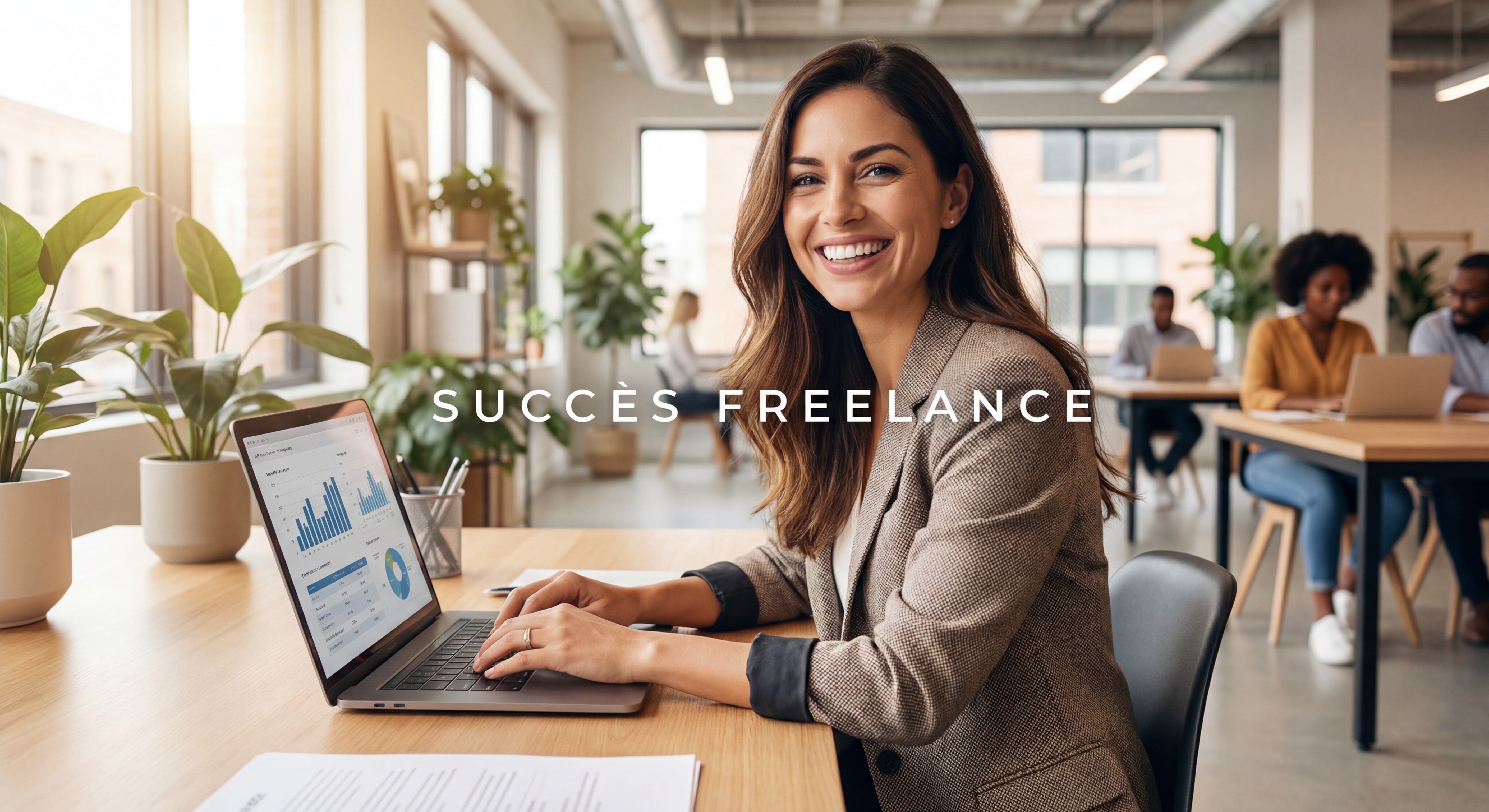 Indépendant(e) confiant(e) souriant(e) devant un laptop dans un espace de coworking moderne et lumineux, posture assurée symbolisant la réussite freelance