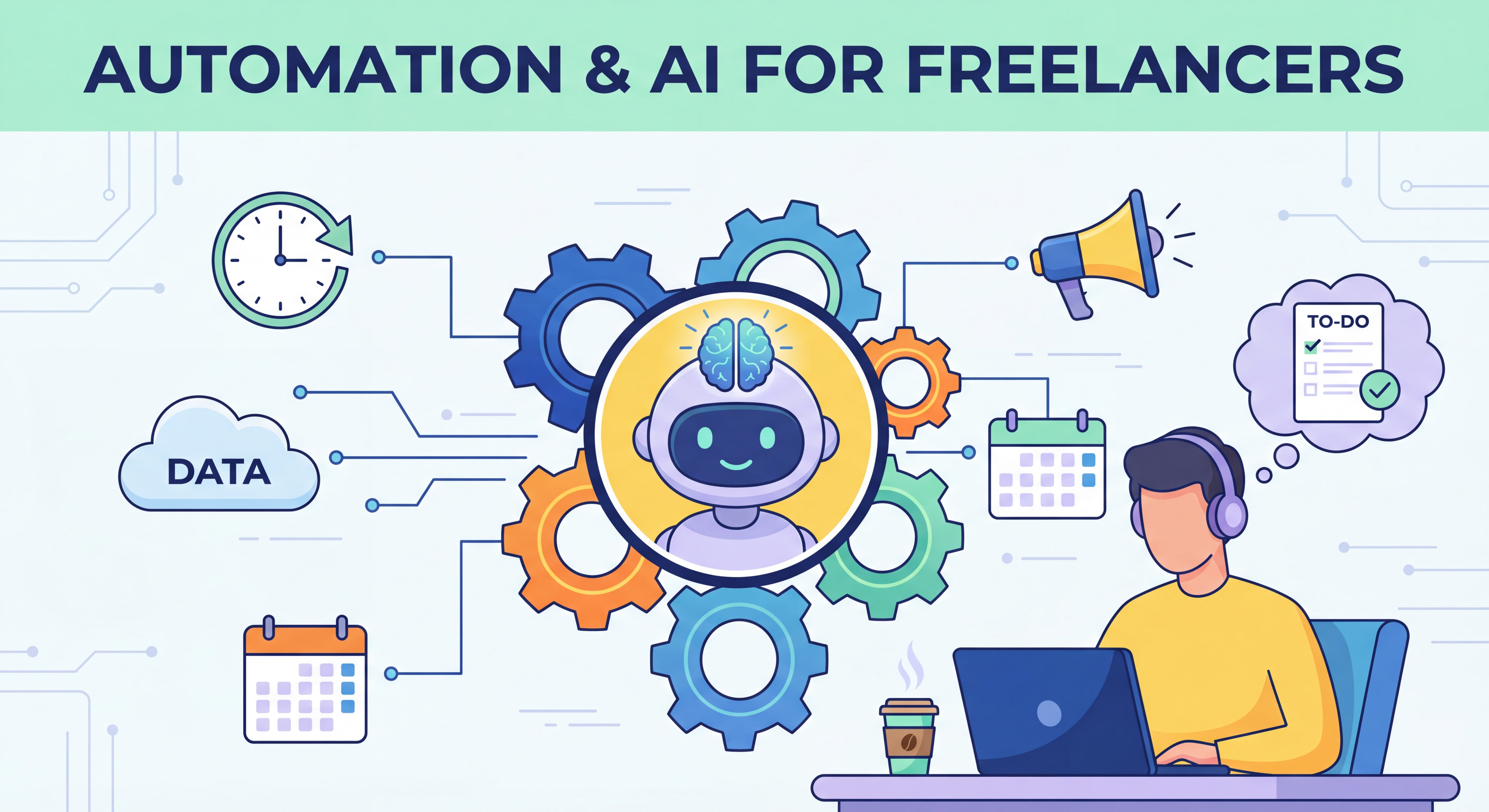 Illustration flat design moderne représentant l'automatisation et l'IA pour freelances - engrenages connectés, assistant IA, horloge, outils numériques, palette de couleurs vives et professionnelles
