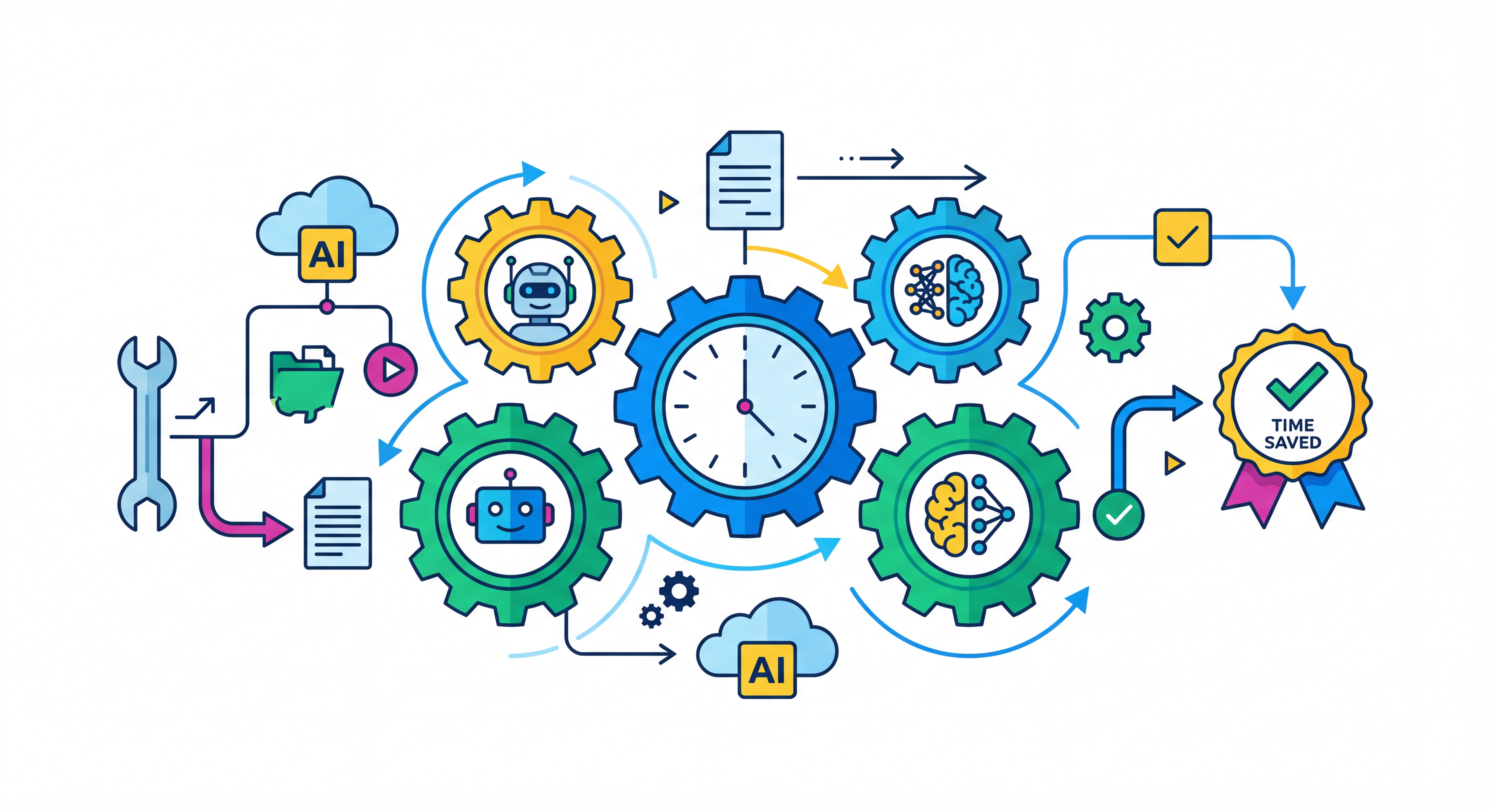 Illustration flat design moderne représentant l'automation et le gain de temps : engrenages connectés, horloge, outils IA, flux de travail automatisés, couleurs vives et professionnelles