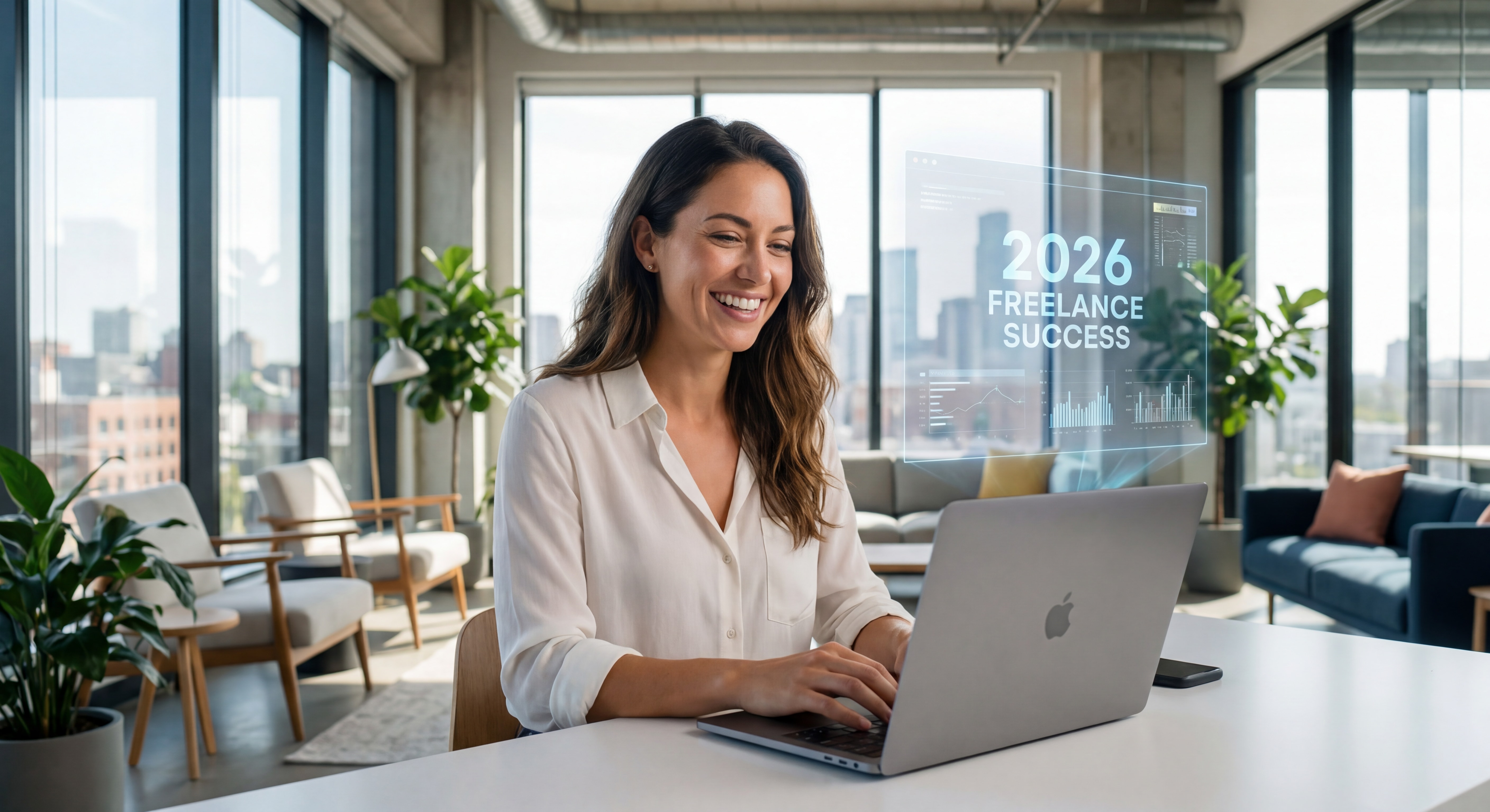 Indépendant(e) confiant(e) souriant devant un laptop dans un espace de travail moderne et lumineux, symbolisant la réussite freelance en 2026