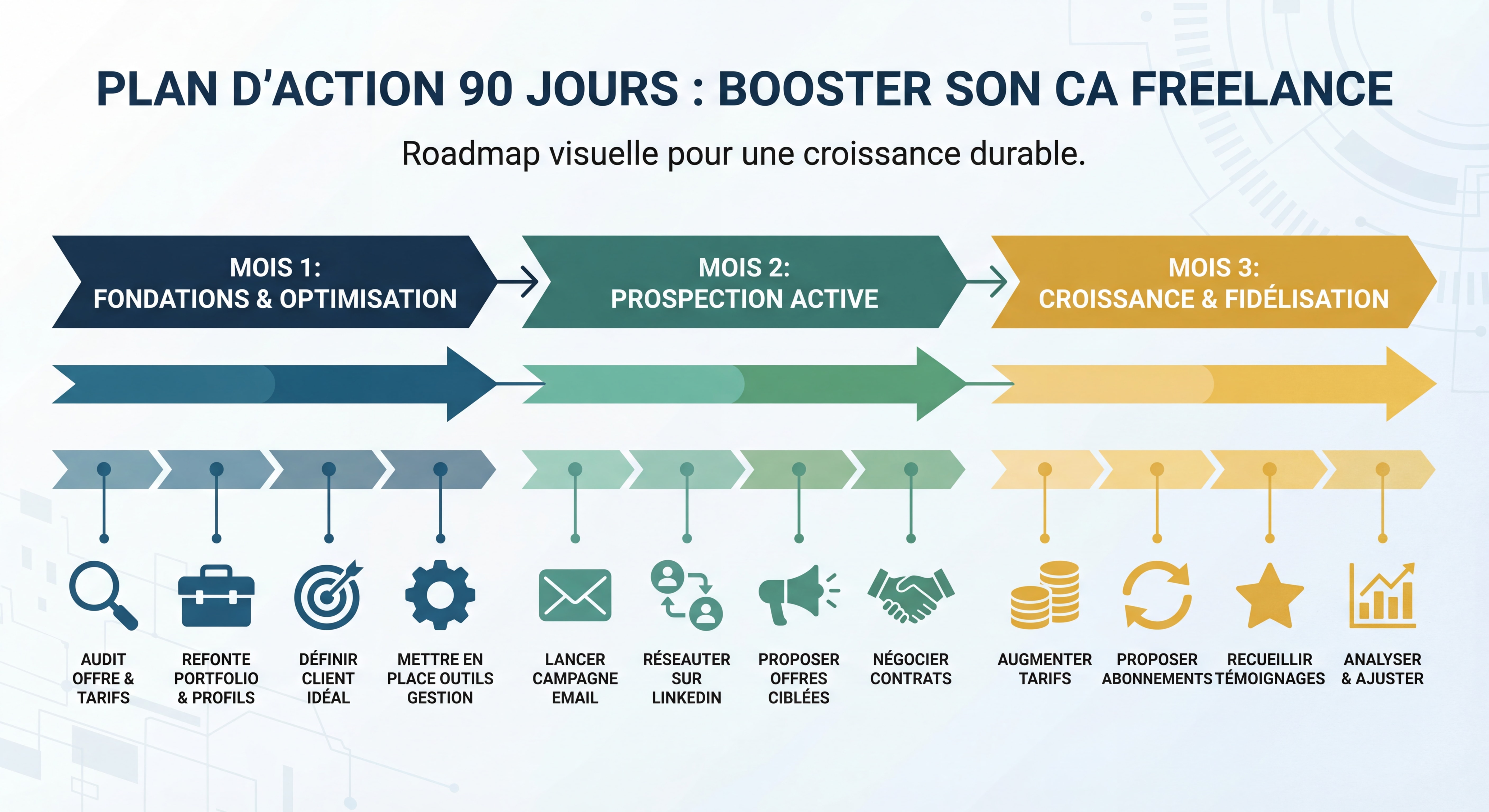 Roadmap visuelle du plan d'action 90 jours pour augmenter son CA freelance, timeline claire avec les 3 mois et les actions clés de chaque phase, style infographie épuré et professionnel