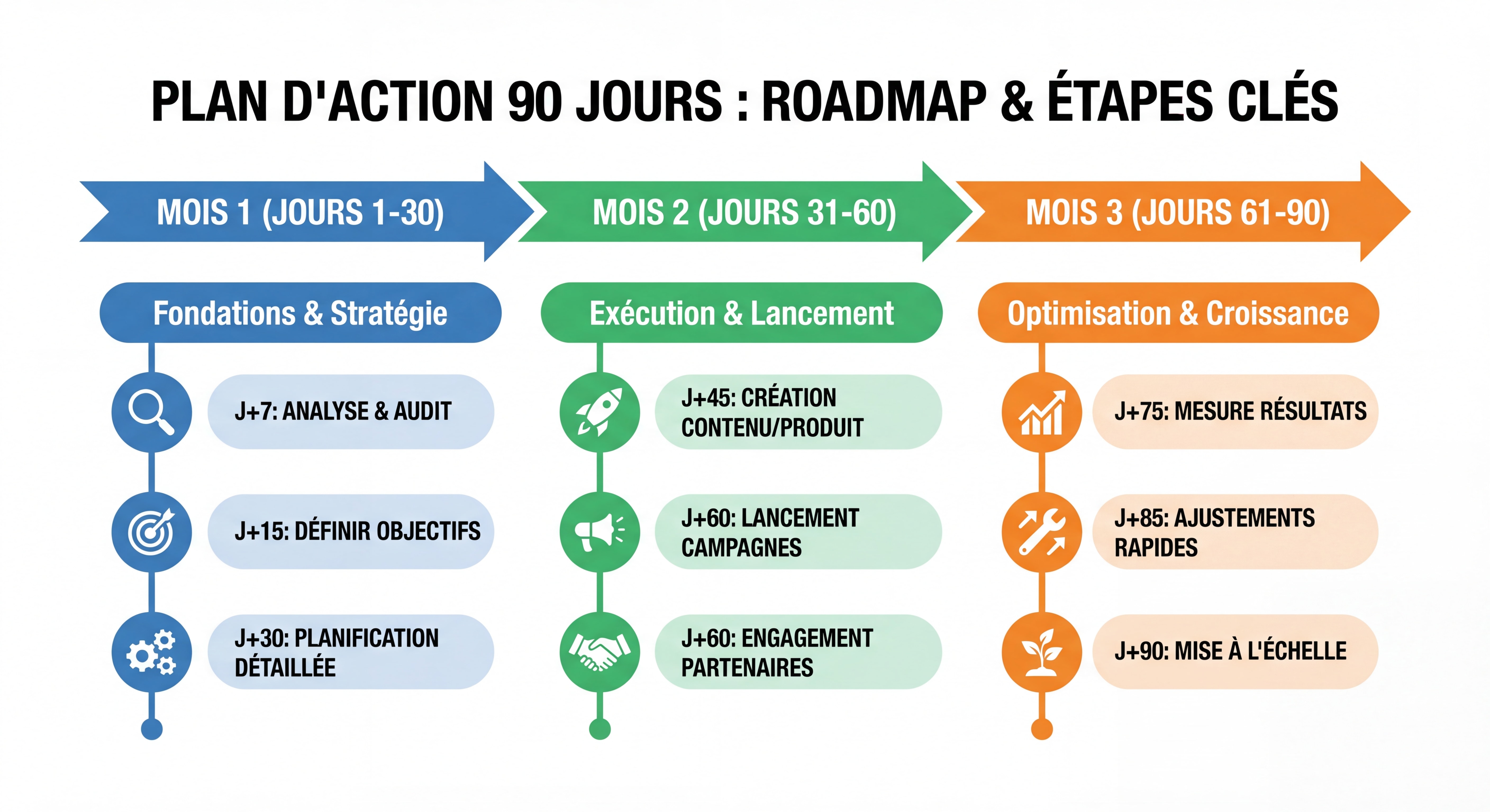 Infographie roadmap plan d'action 90 jours avec timeline visuelle, étapes clés mois par mois, design simple et actionnable avec icônes et couleurs distinctes par phase