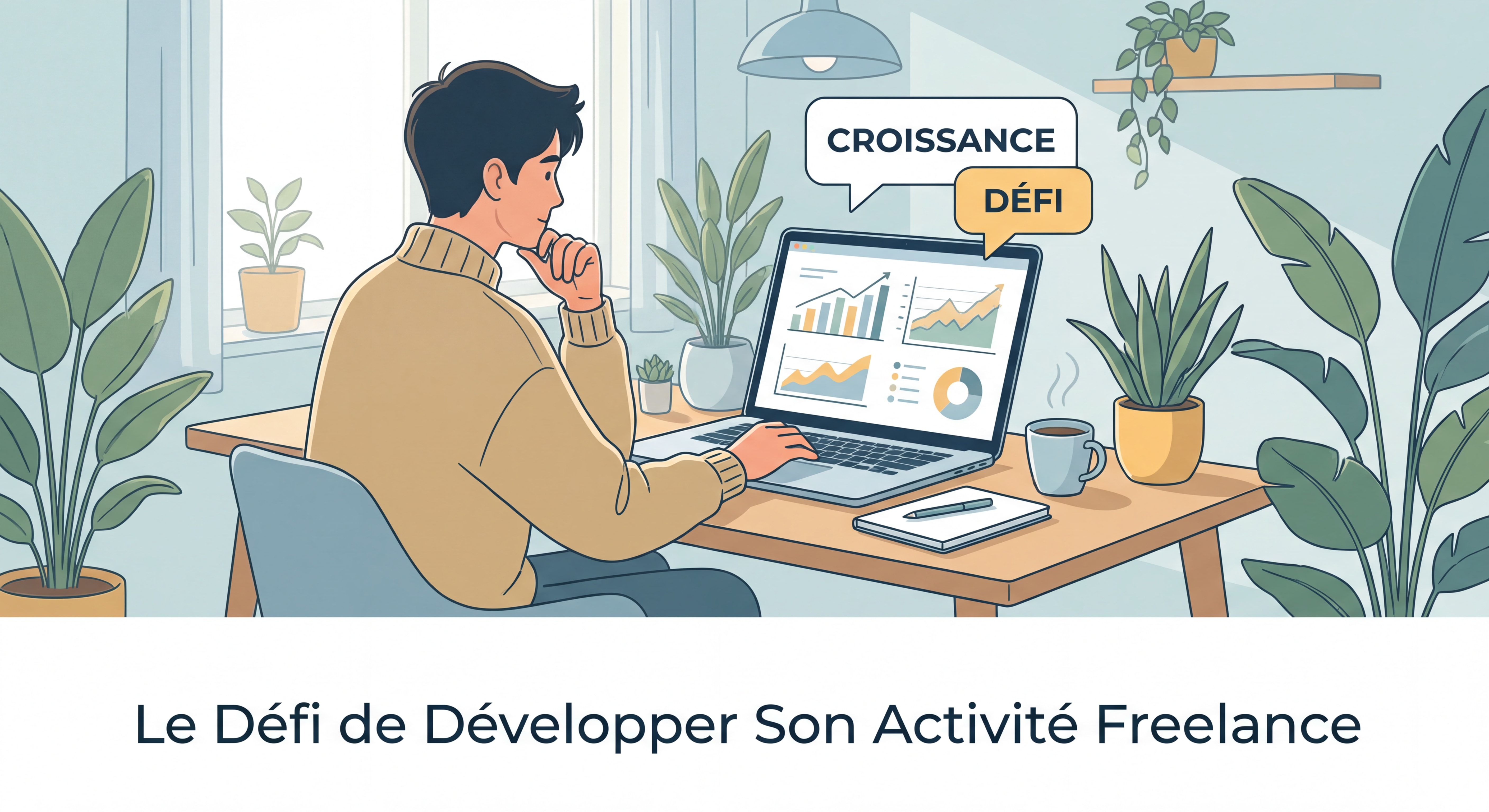 Indépendant(e) face à un ordinateur portable dans un espace de travail moderne, l'air pensif face à des données financières sur son écran — illustration du défi de développer son activité freelance