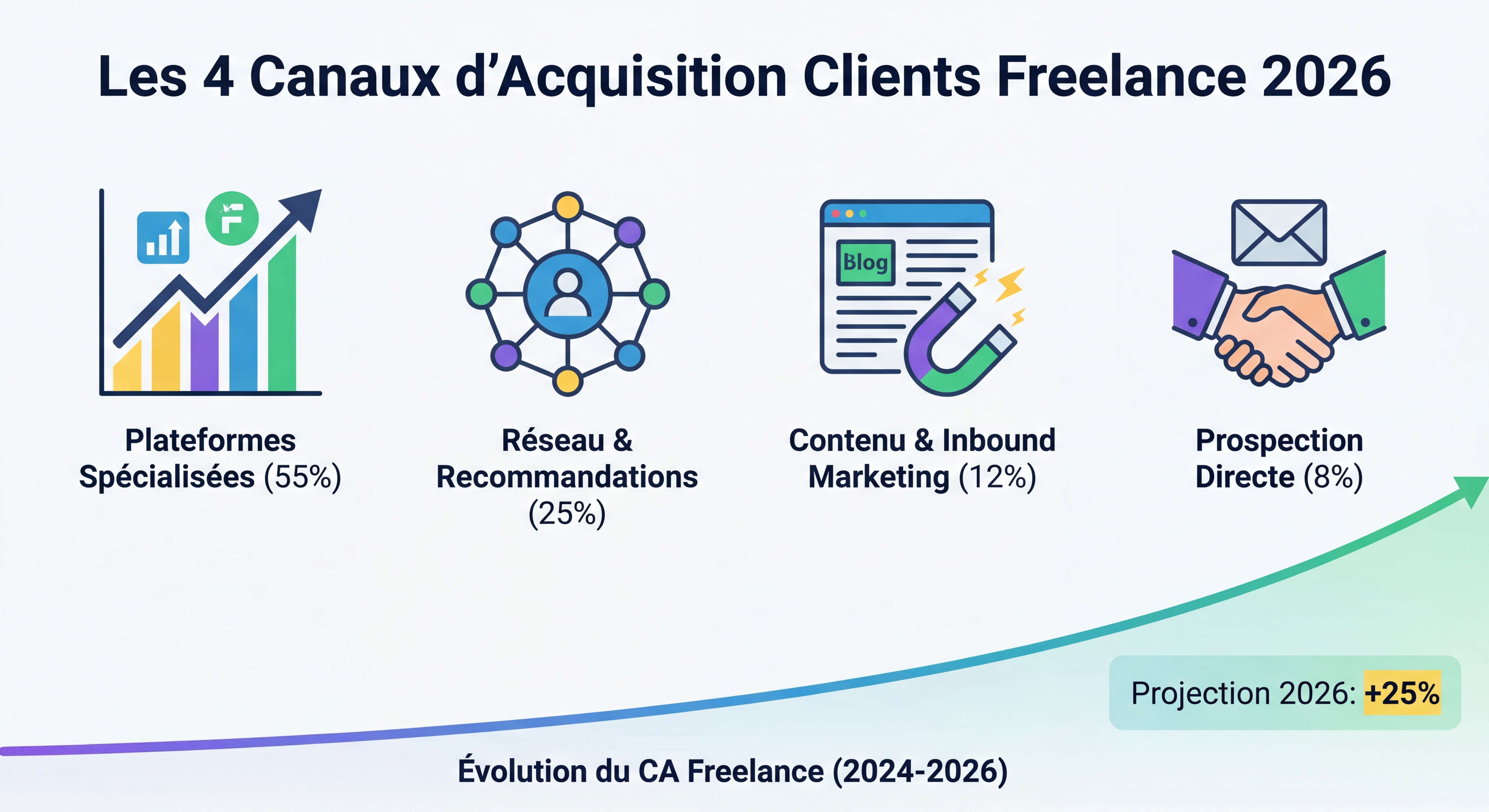 Infographie montrant les 4 canaux d'acquisition clients freelance en 2026 avec pourcentages et courbe d'évolution du CA, design data visualization moderne