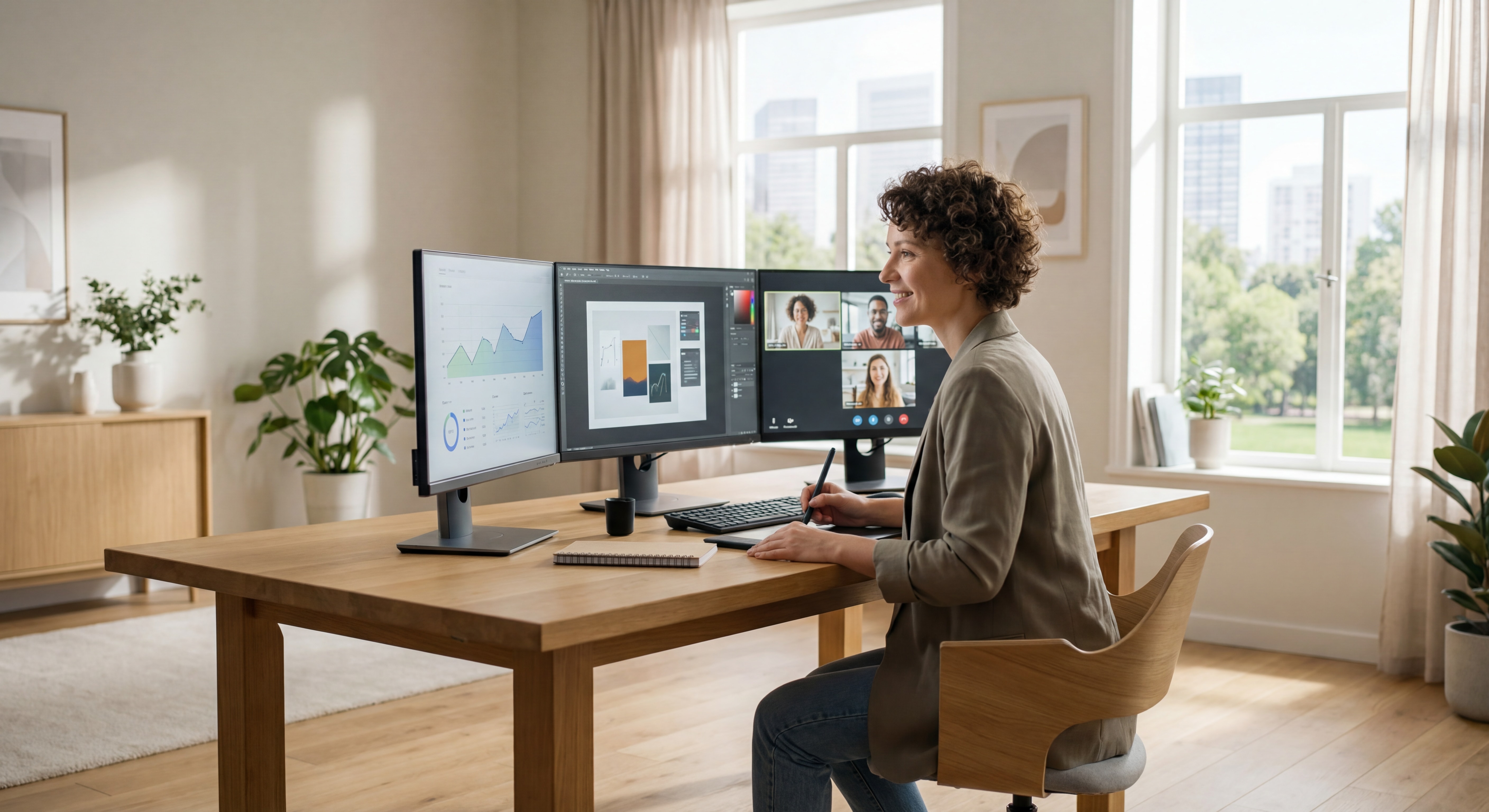 Indépendant(e) confiant(e) travaillant sur un setup multi-écrans avec outils numériques ouverts, espace de travail moderne et lumineux, posture inspirante