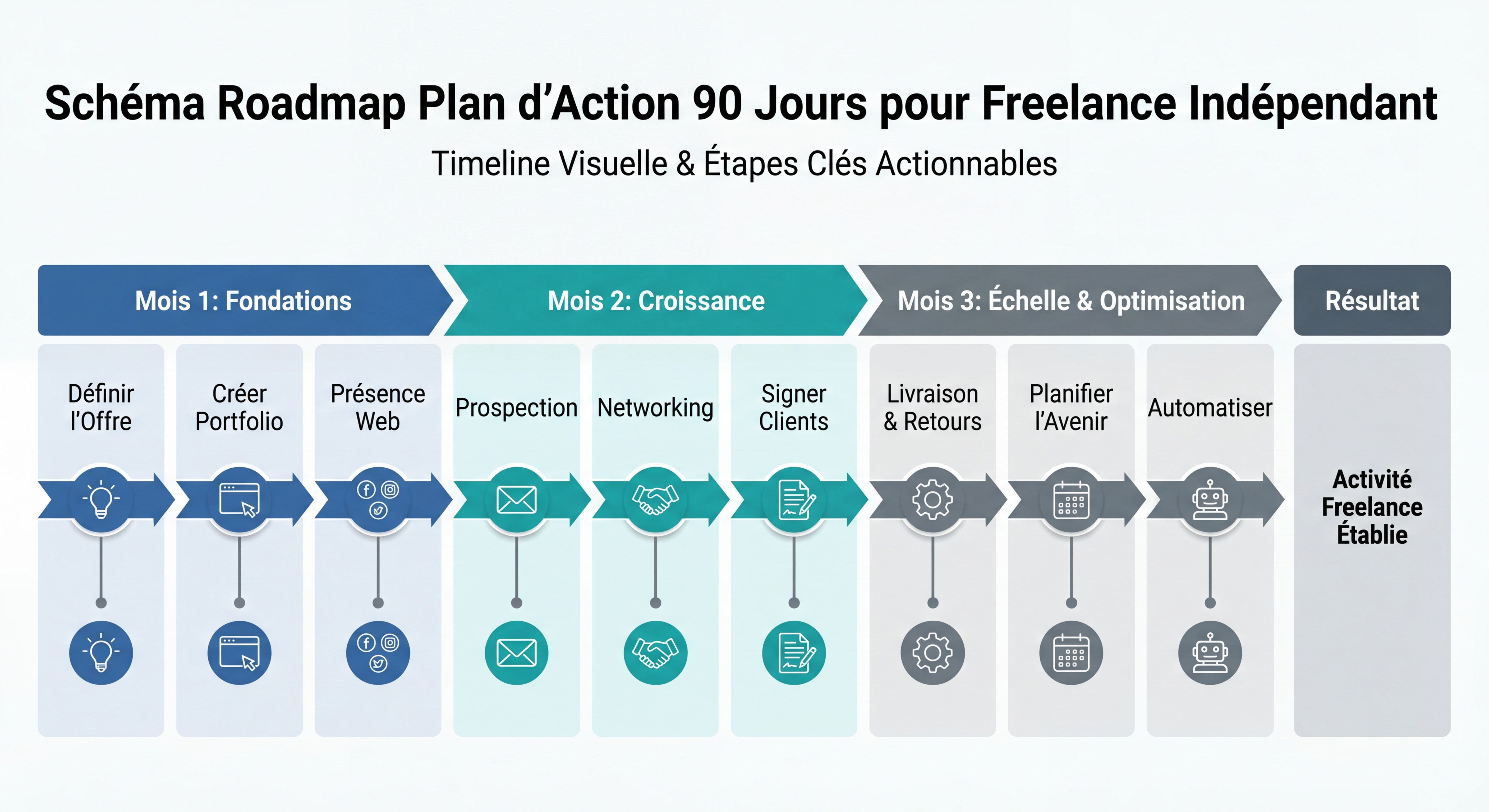 Schéma roadmap plan d'action 90 jours pour freelance indépendant - timeline visuelle avec étapes clés, design infographie simple et actionnable, couleurs professionnelles