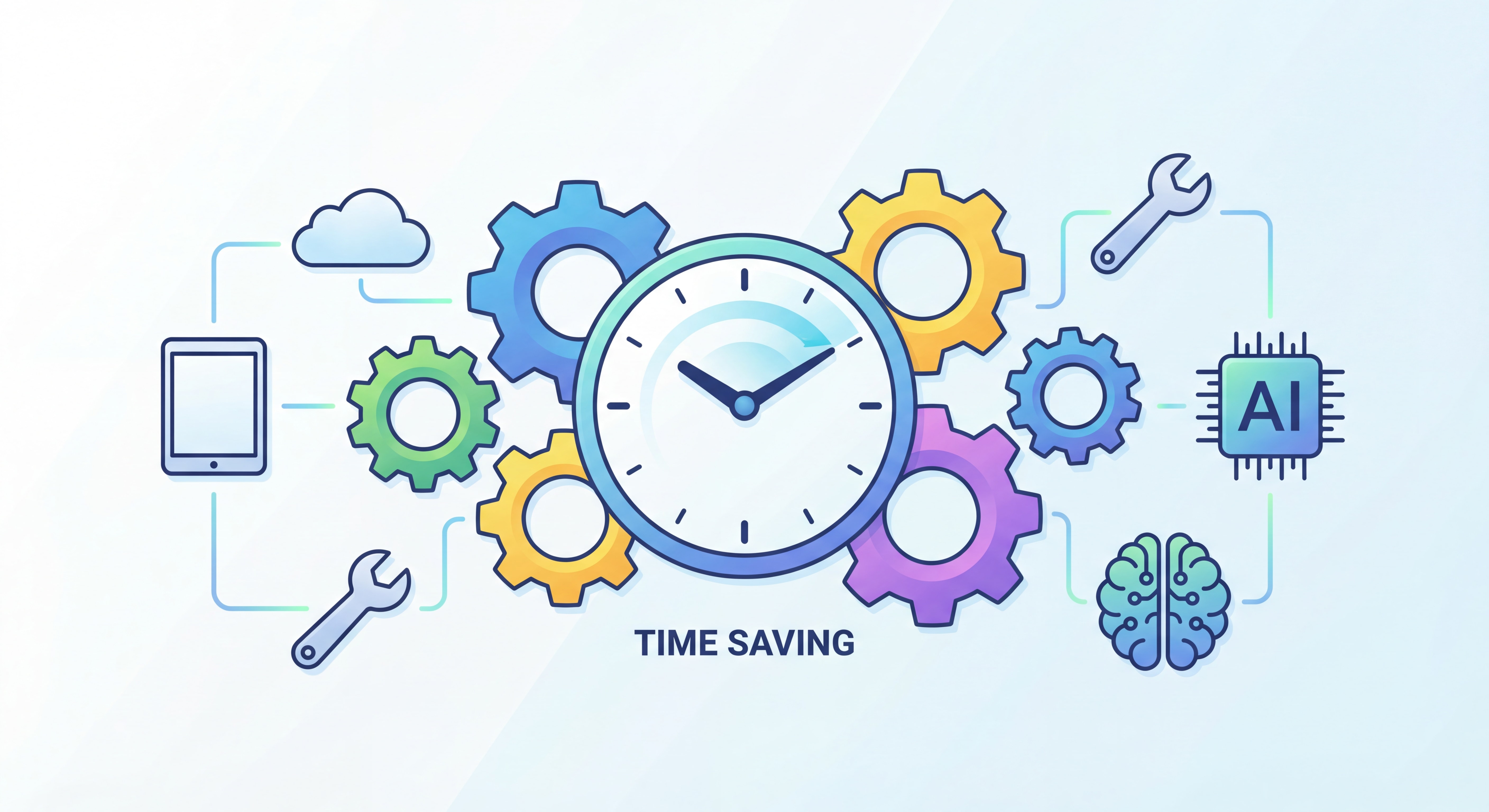 Illustration flat design moderne représentant le concept d'automation et de gain de temps : engrenages colorés, horloge, outils connectés, symboles d'IA, style épuré et professionnel