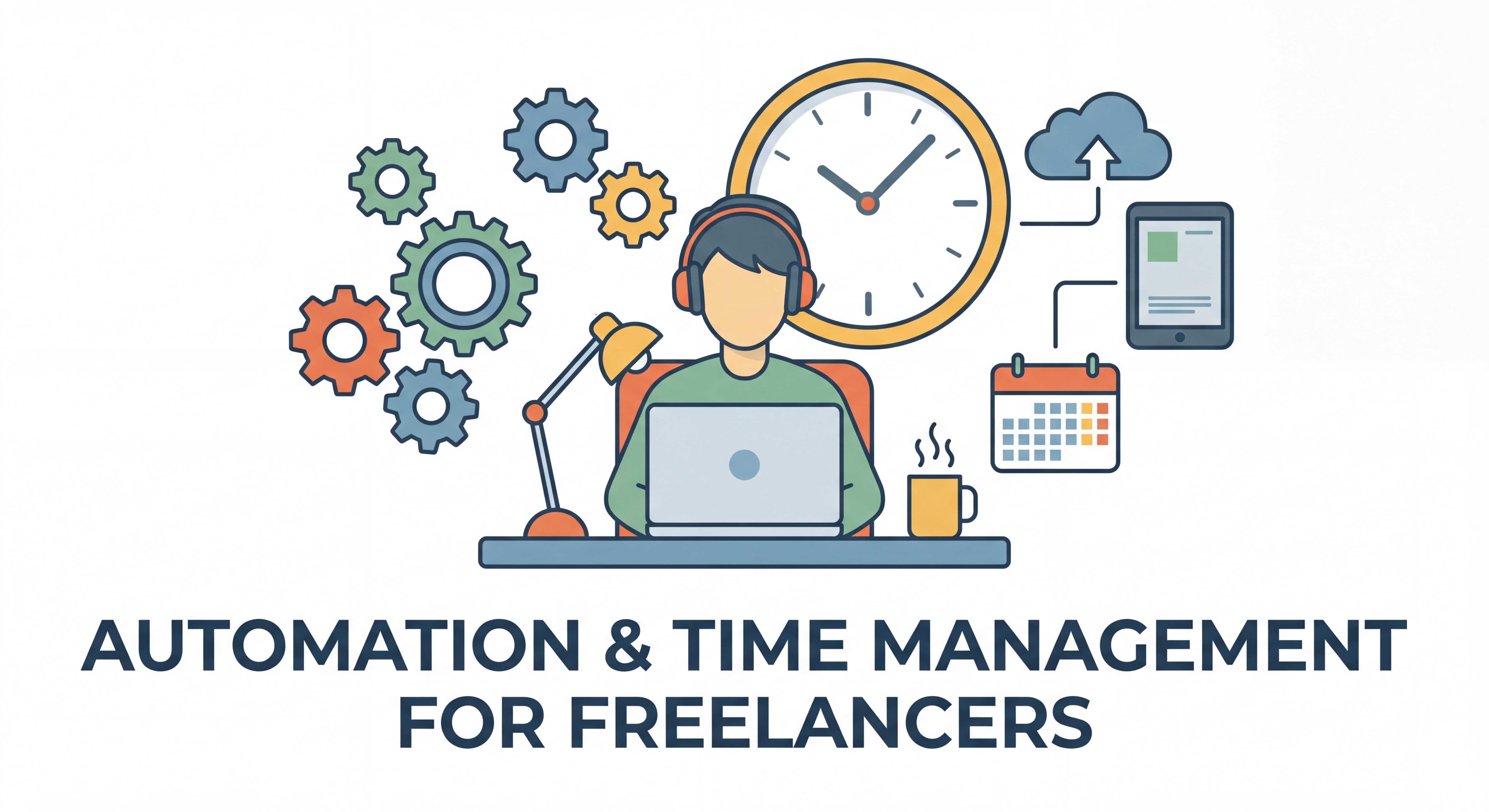 Illustration flat design d'un freelance entouré d'engrenages, d'une horloge et d'outils numériques — concept de l'automation et de la gestion du temps pour indépendants