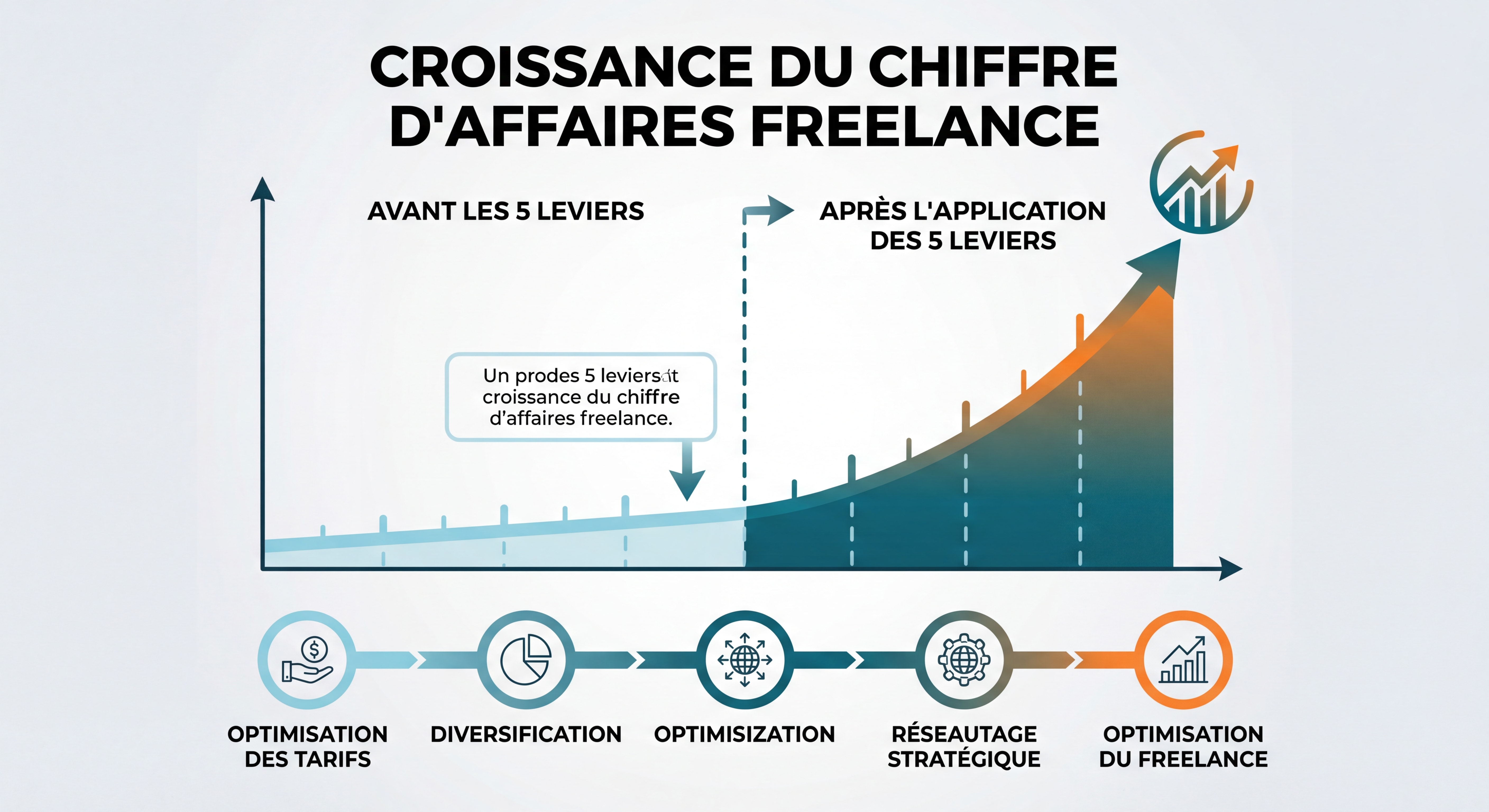 Infographie montrant la courbe ascendante d'un chiffre d'affaires freelance avant et après l'application des 5 leviers, graphique data visualization moderne avec palette de couleurs professionnelles