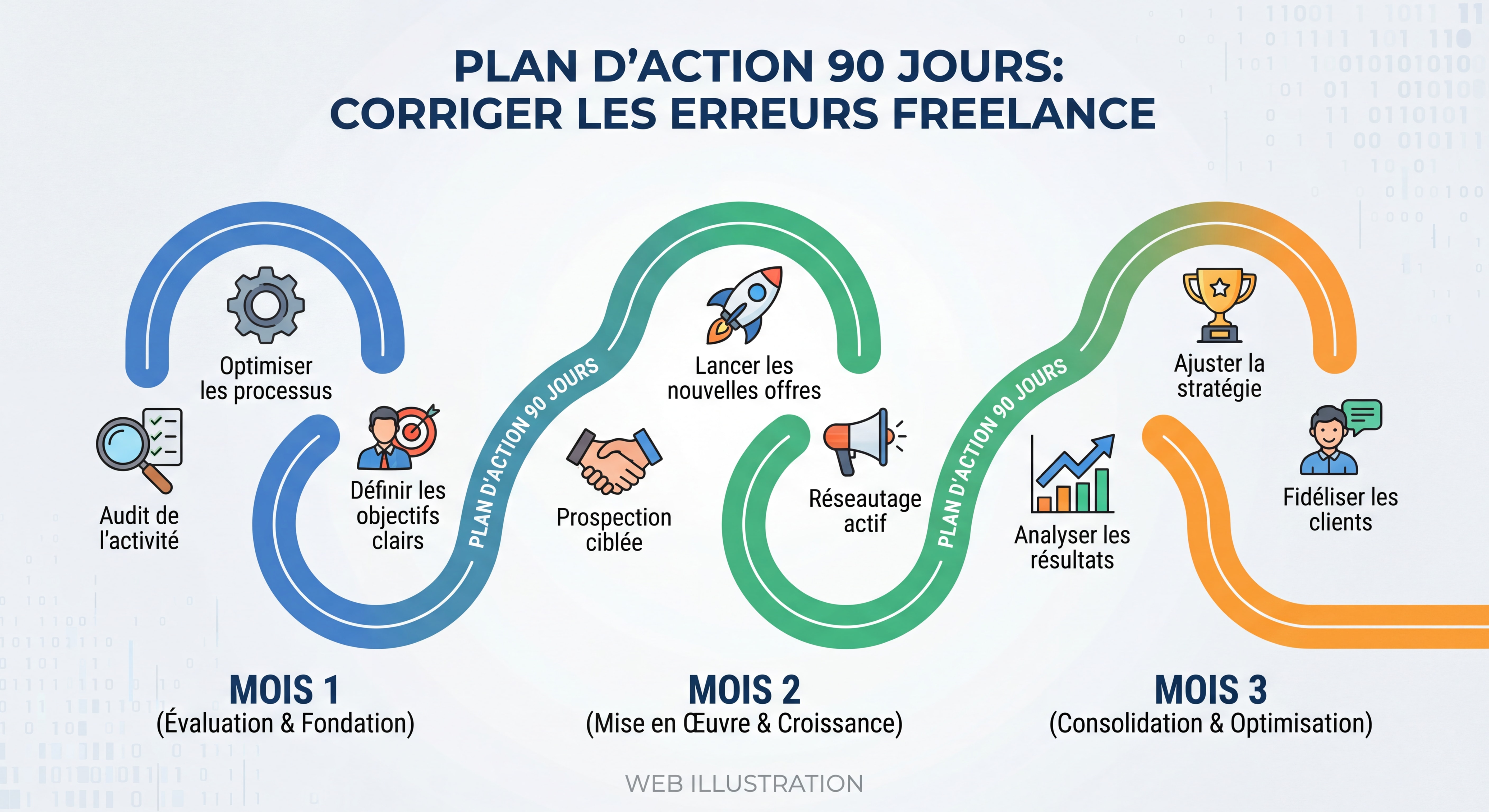 Roadmap visuelle en timeline — plan d'action 90 jours pour corriger les erreurs freelance, avec les 3 mois illustrés par étapes clés et icônes actionnables