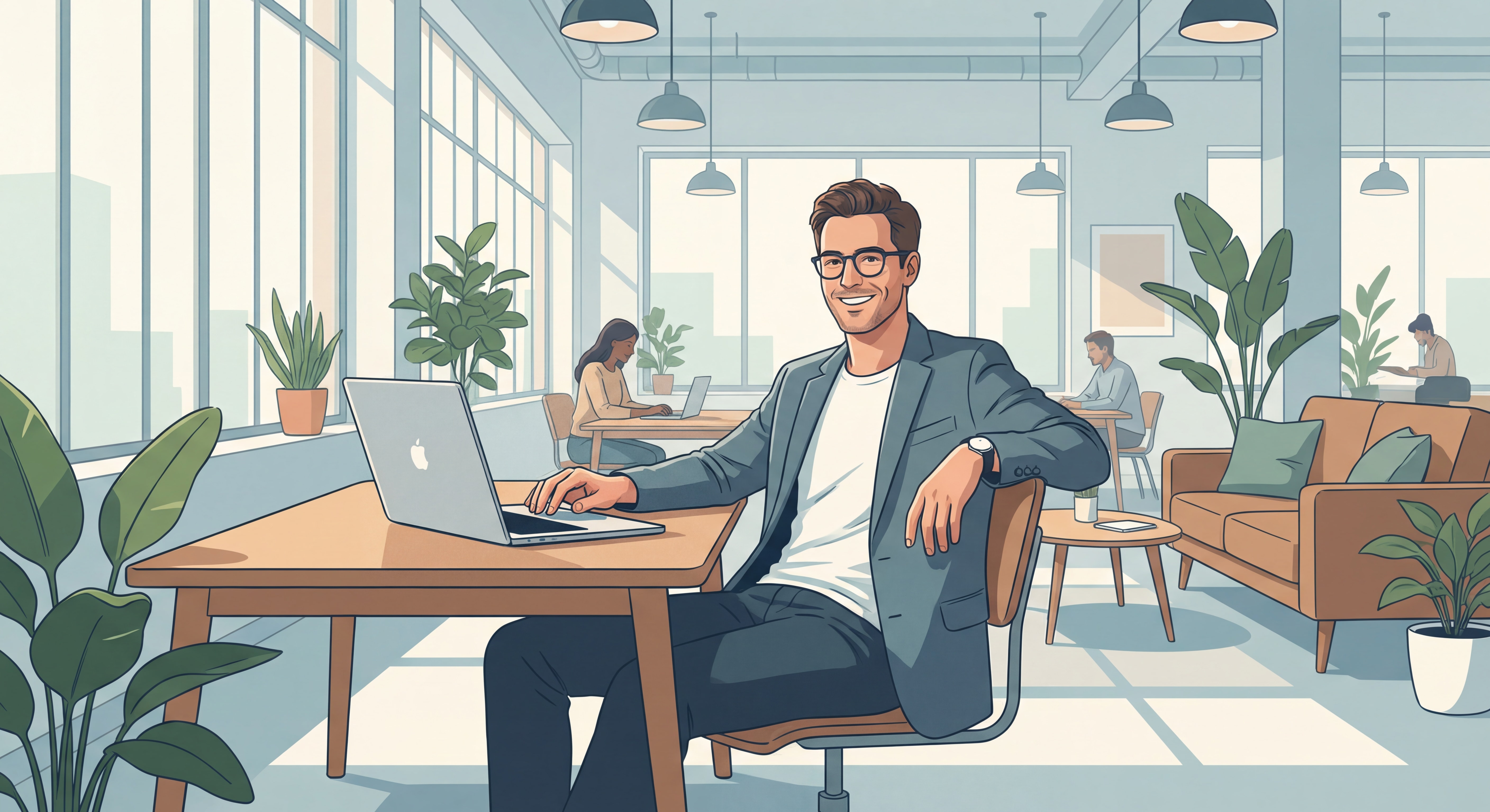 Freelance indépendant confiant assis dans un espace de coworking moderne, souriant devant son laptop, posture détendue et professionnelle, lumière naturelle