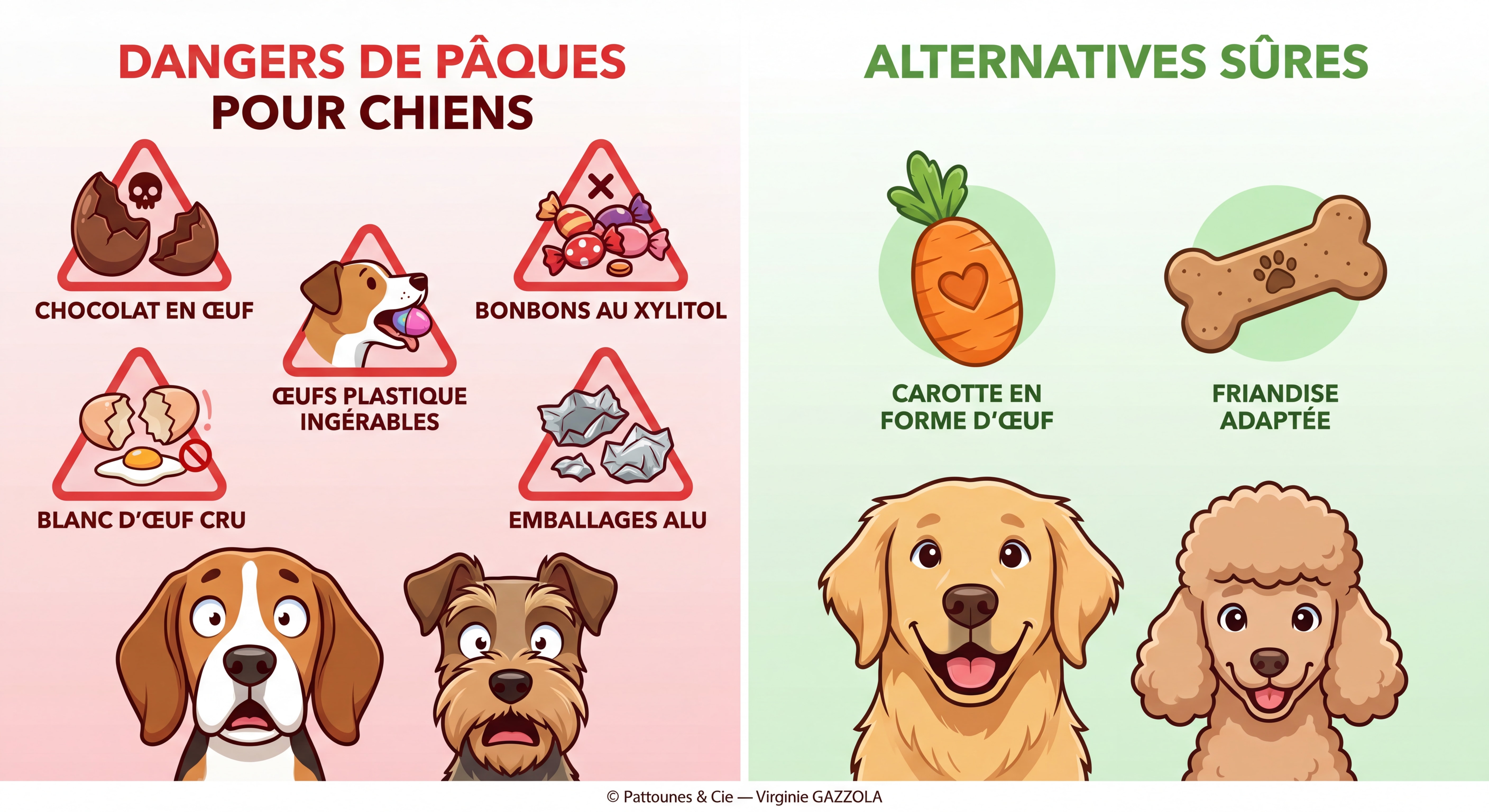 Infographie ULTRA DÉTAILLÉE focus dangers de Pâques spécifiques — style affiche d'alerte colorée avec icônes rouges expressives pour le chocolat en œuf, bonbons au xylitol, œufs en plastique ingérables, blanc d'œuf cru, emballages en papier aluminium ; côté vert avec alternatives sûres illustrées (carotte en forme d'œuf, friandise adaptée) ; personnages de chiens animés avec expressions alarmées et souriantes, © Pattounes & Cie — Virginie GAZZOLA