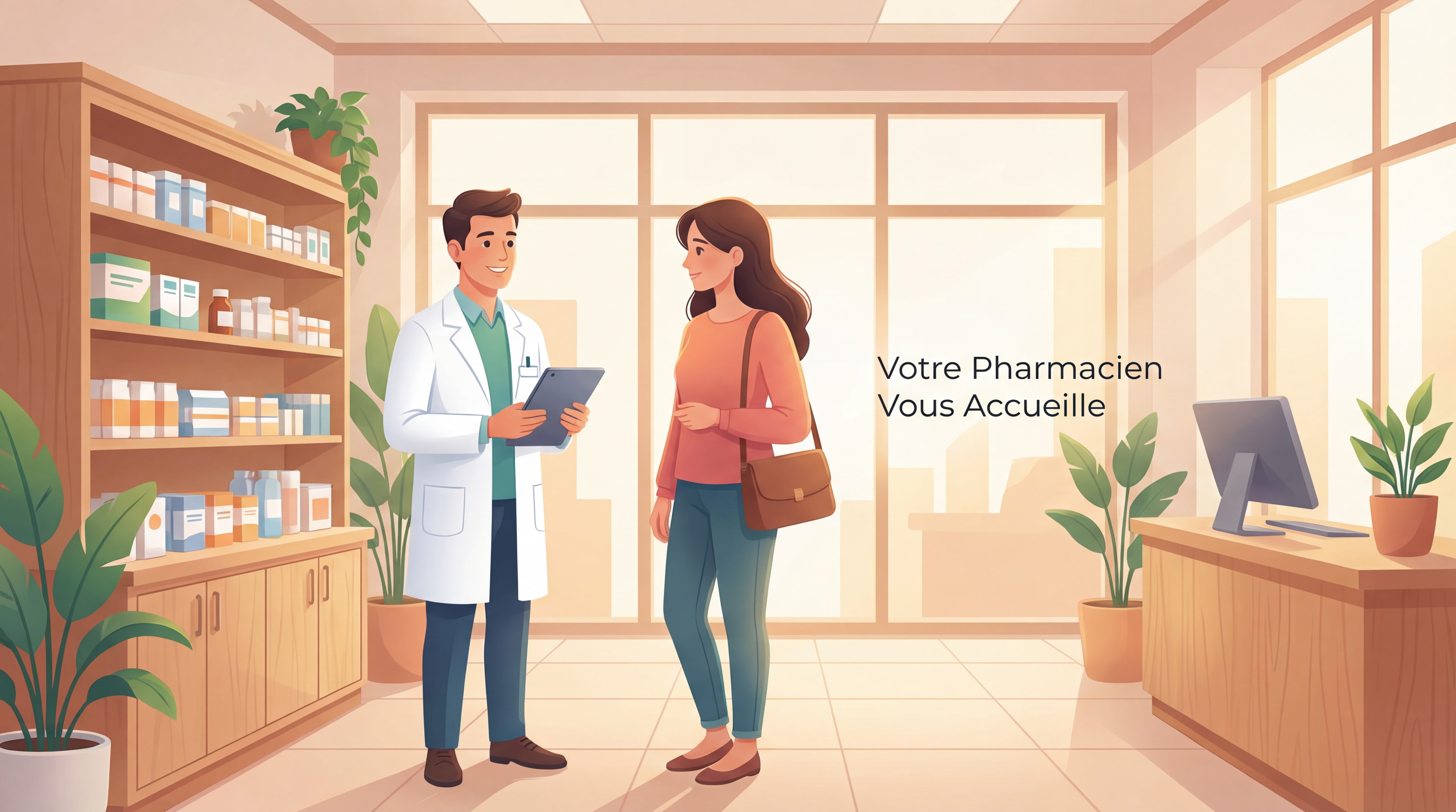 Pharmacien en blouse blanche accueillant un patient à l'officine pour une consultation, ambiance chaleureuse et moderne