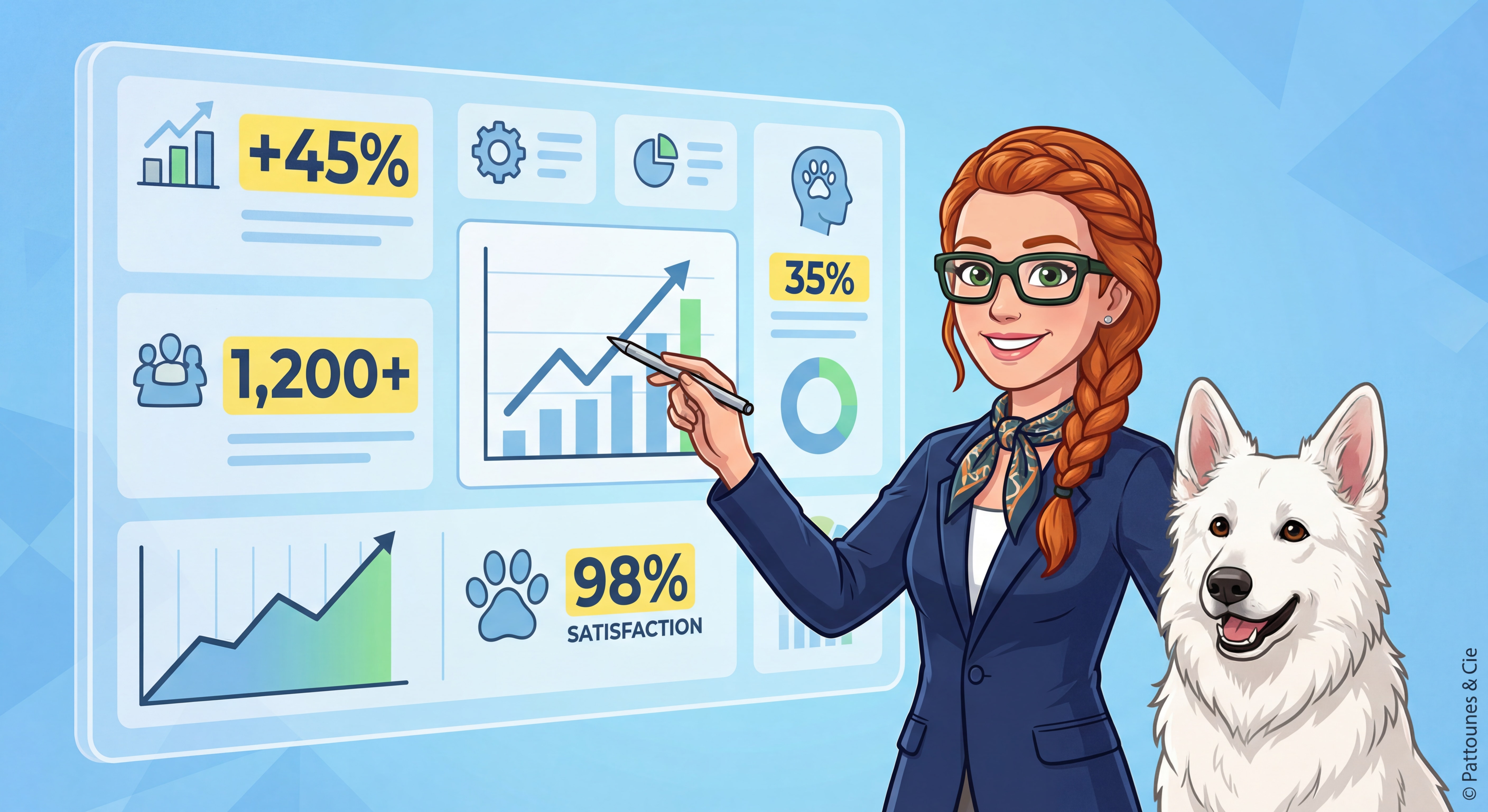 Infographie style cartoon HD coloré ultra-détaillée — panneau de statistiques visuelles avec icônes colorées, chiffres clés mis en valeur, femme rousse tresse lunettes rectangulaires vert foncé pointant les données, Berger Blanc Suisse assis à côté, fond bleu clair professionnel, © Pattounes & Cie