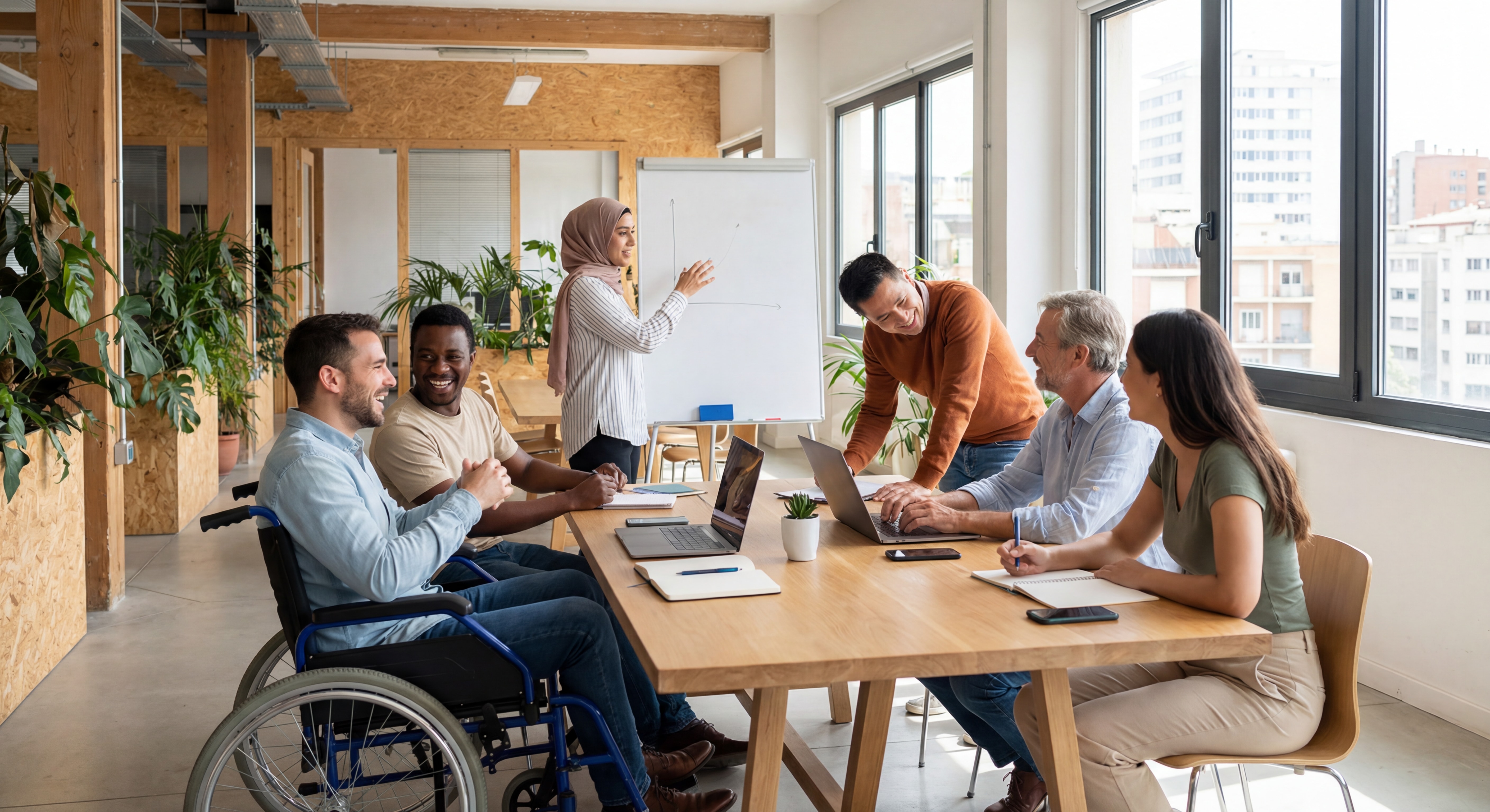 Photo professionnelle d'une équipe multiculturelle et diversifiée en réunion de travail dans un bureau moderne, ambiance collaborative et inclusive