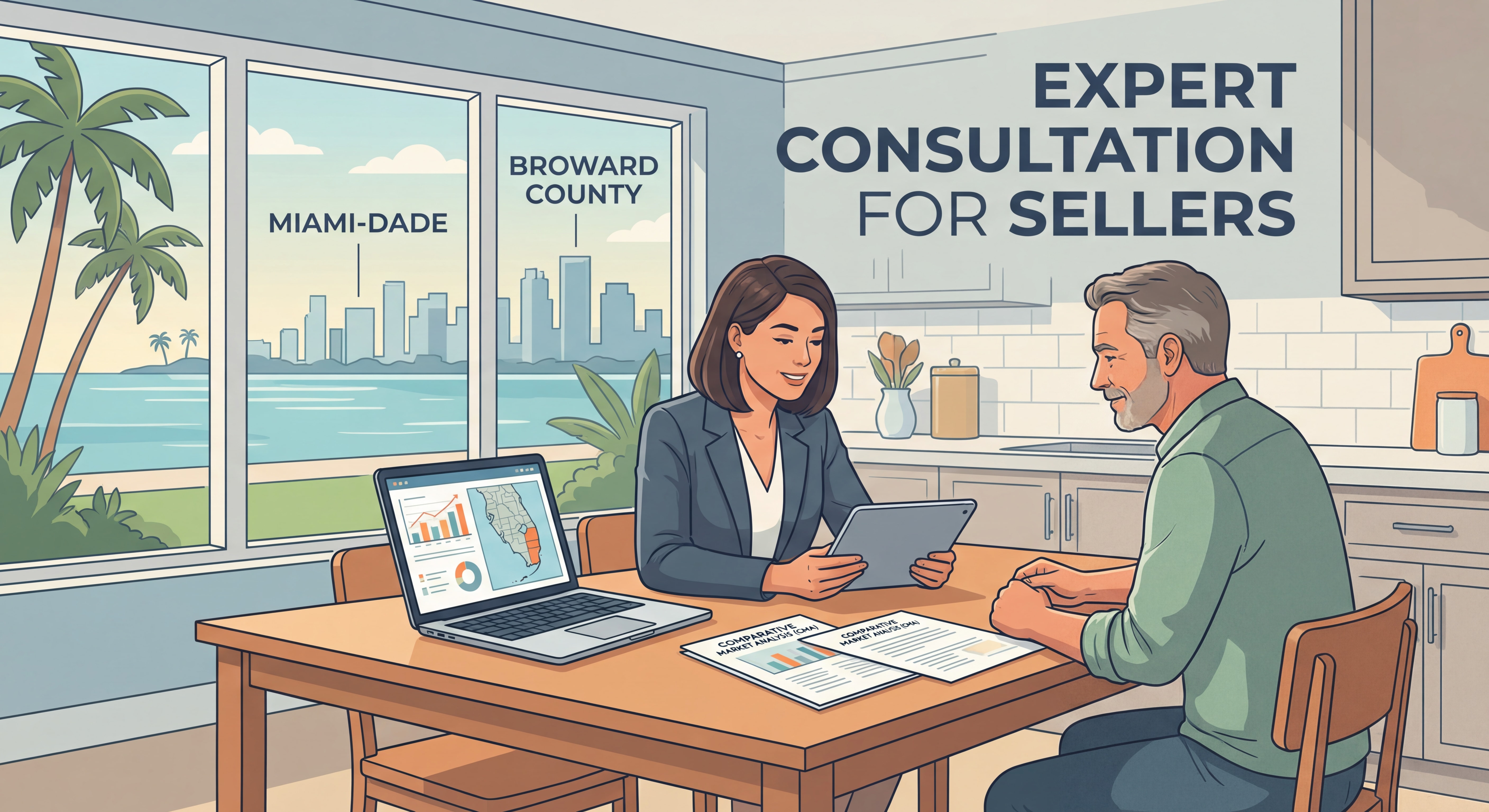 Professional real estate agent reviewing a comparative market analysis with a South Florida home seller at a kitchen table — representing expert consultation for Miami-Dade and Broward County sellers