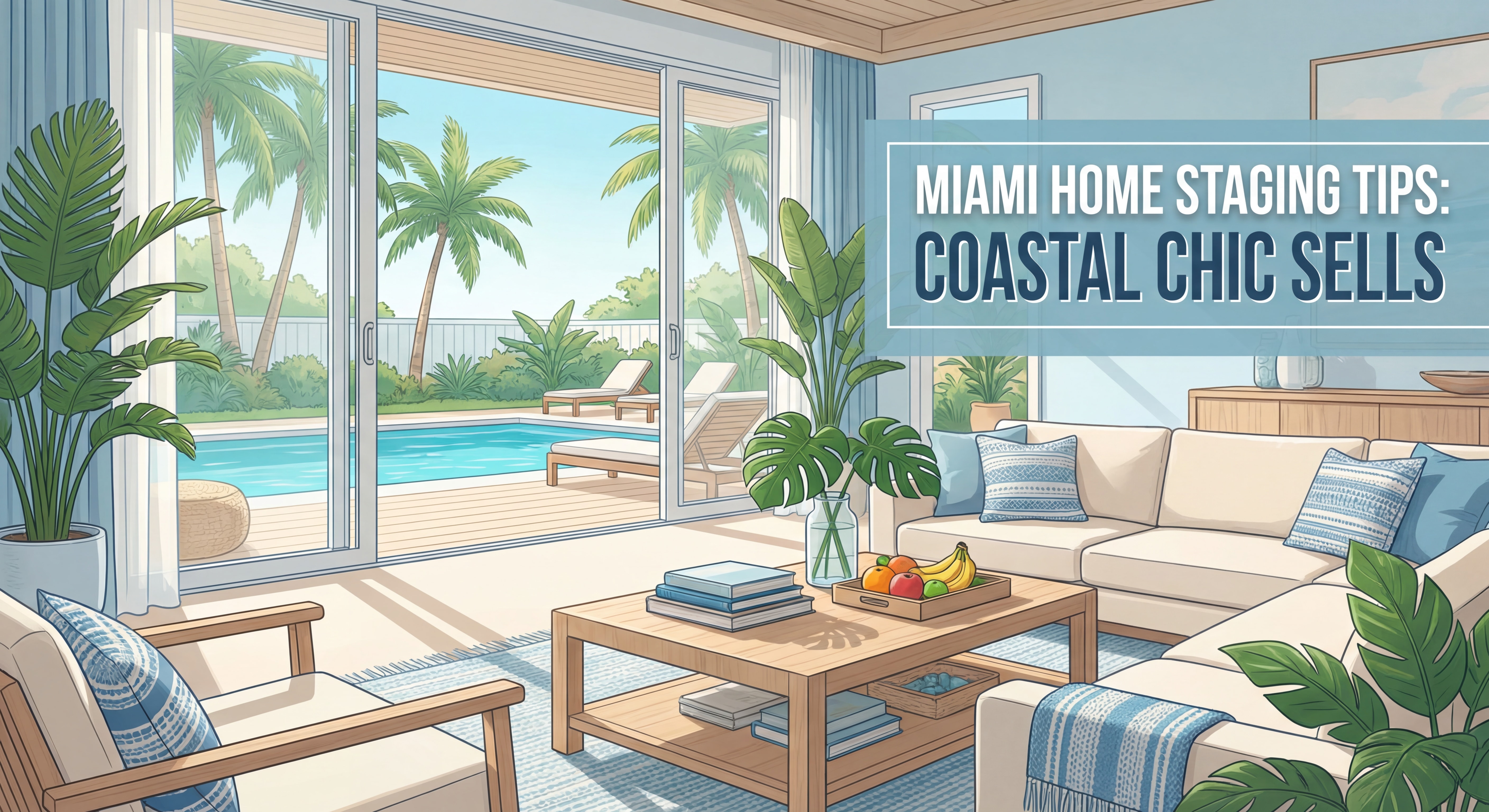 Beautifully staged South Florida living room with coastal modern decor, natural light, and a view of a tropical outdoor space — representing home staging tips for Miami-Dade sellers