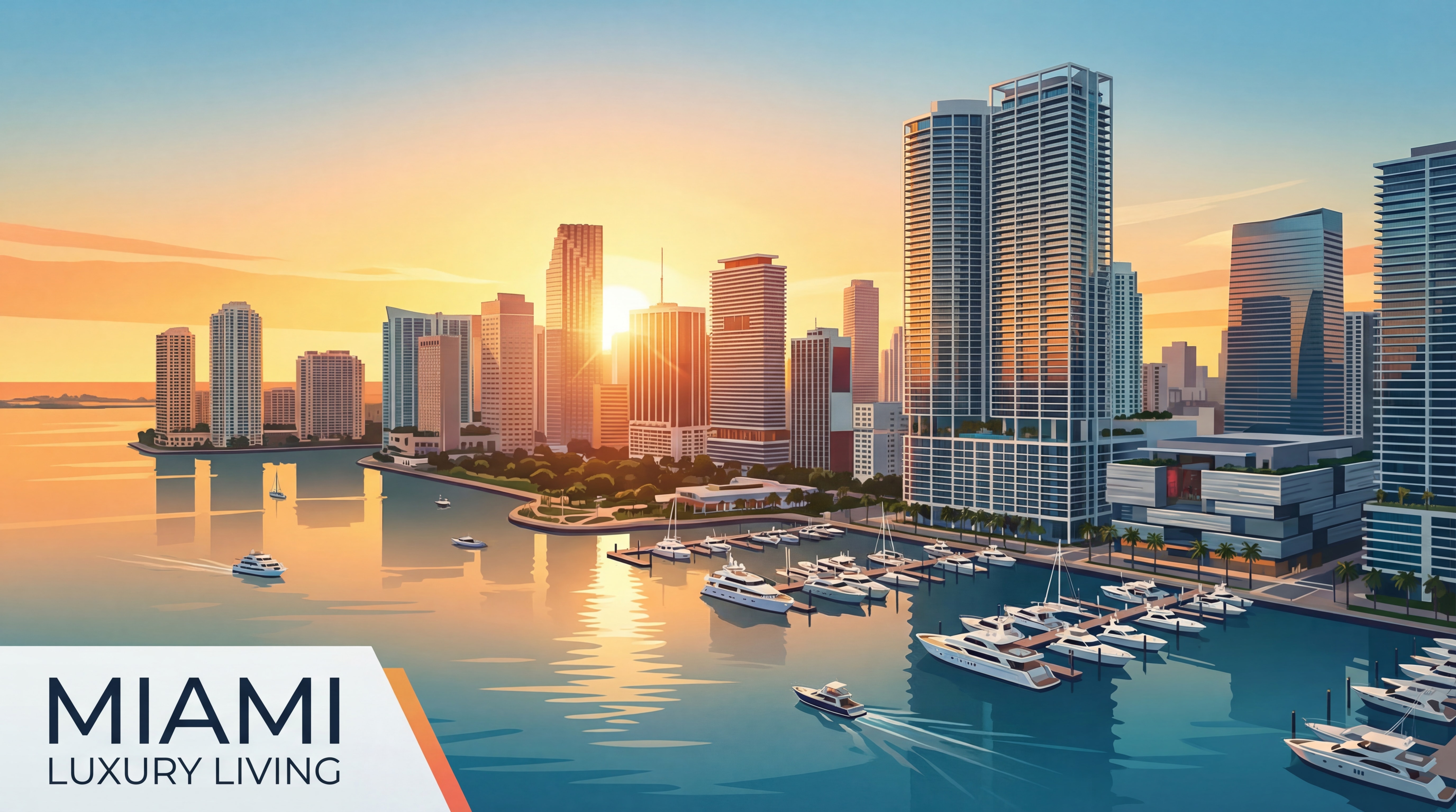 Aerial drone view of Miami's luxury waterfront skyline at sunset, featuring Brickell high-rise towers and Biscayne Bay