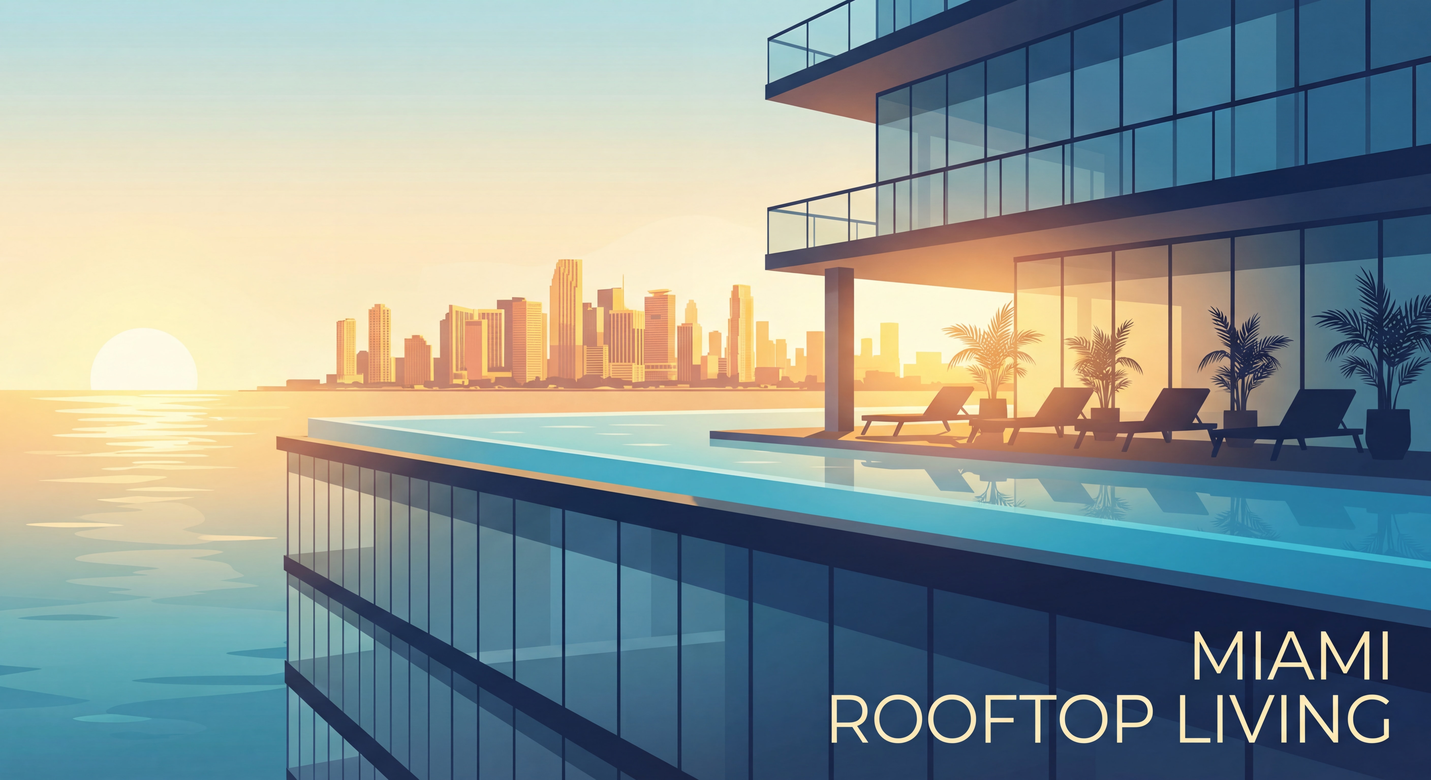 Rooftop infinity pool at a luxury Miami high-rise condo with city skyline and ocean views at golden hour