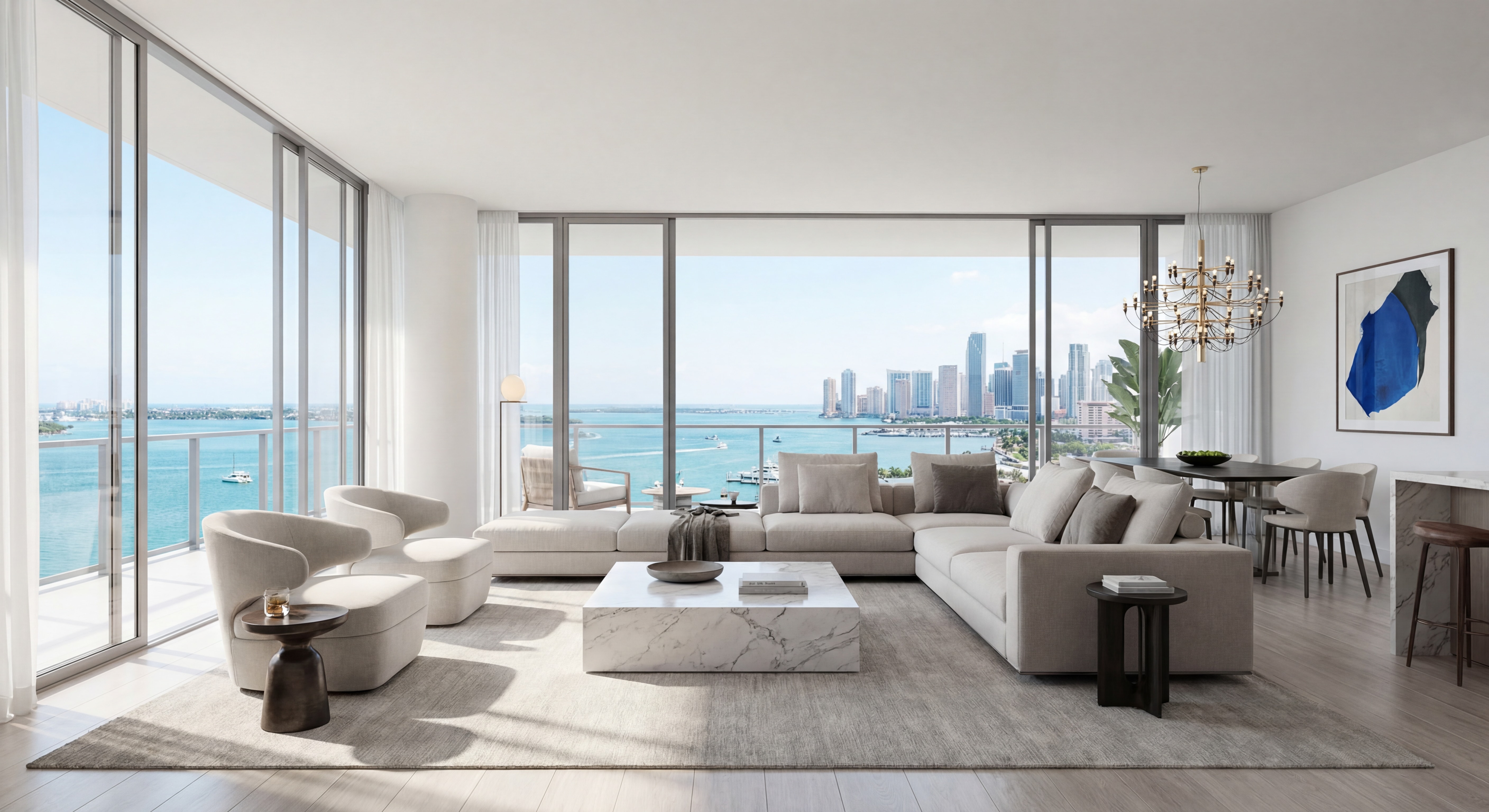 Luxury Miami condo interior with floor-to-ceiling windows overlooking Biscayne Bay, open-plan living with modern furnishings