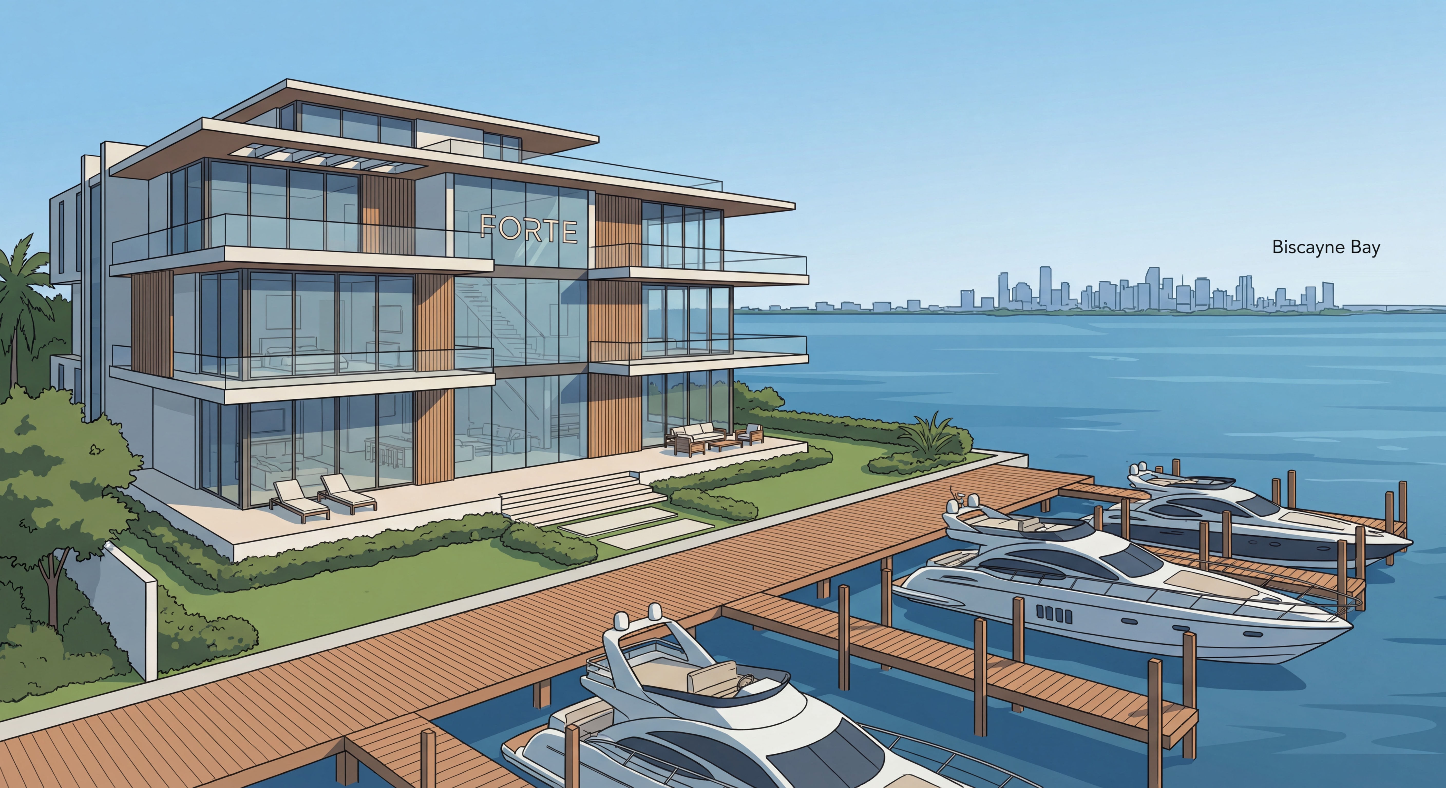 Exterior view of Forte luxury waterfront spec home on Miami's Venetian Islands with 105 feet of deep-water dockage and Biscayne Bay backdrop