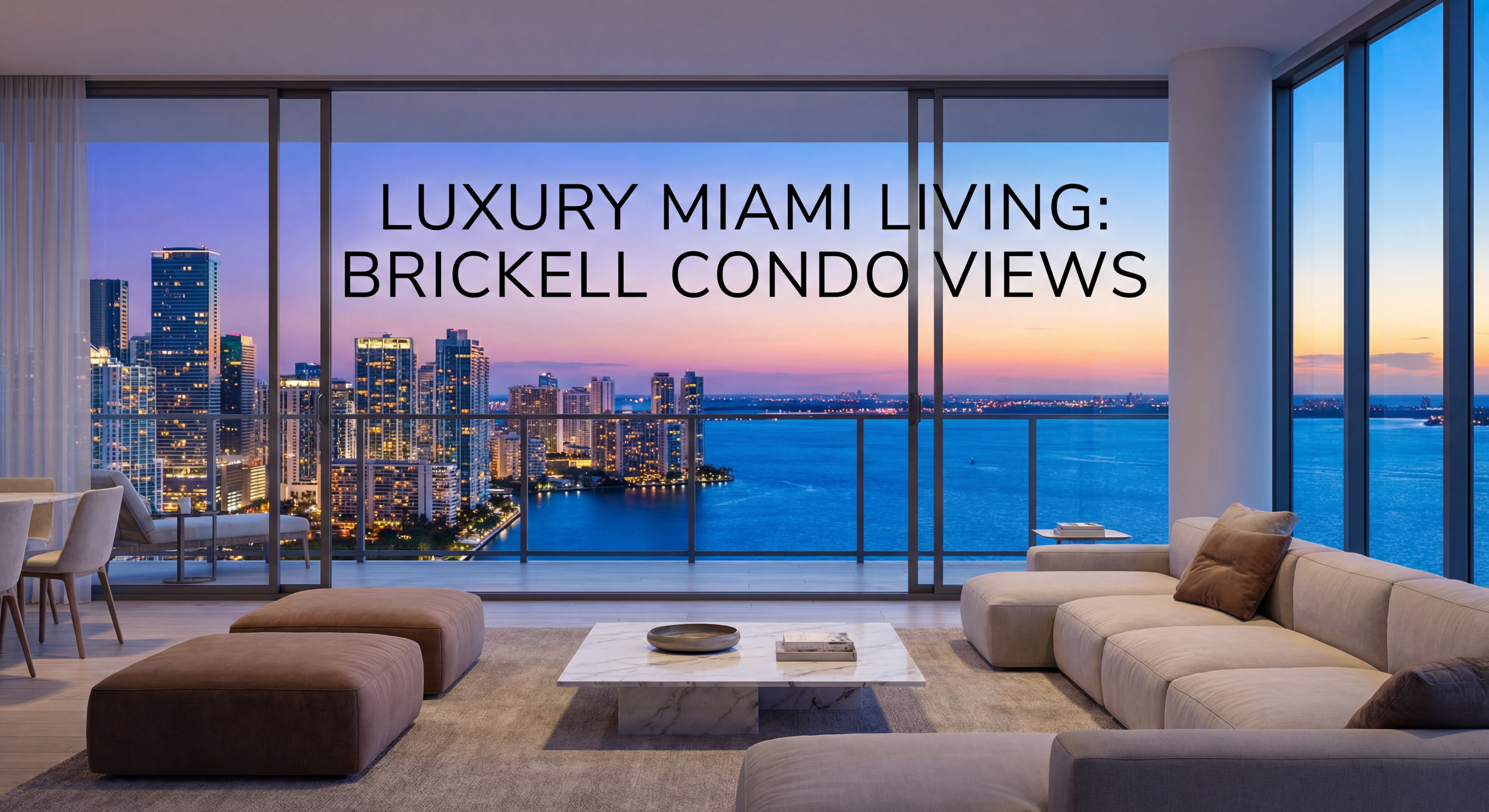 Modern luxury Brickell condo interior with floor-to-ceiling windows overlooking Miami's urban skyline and Biscayne Bay at dusk