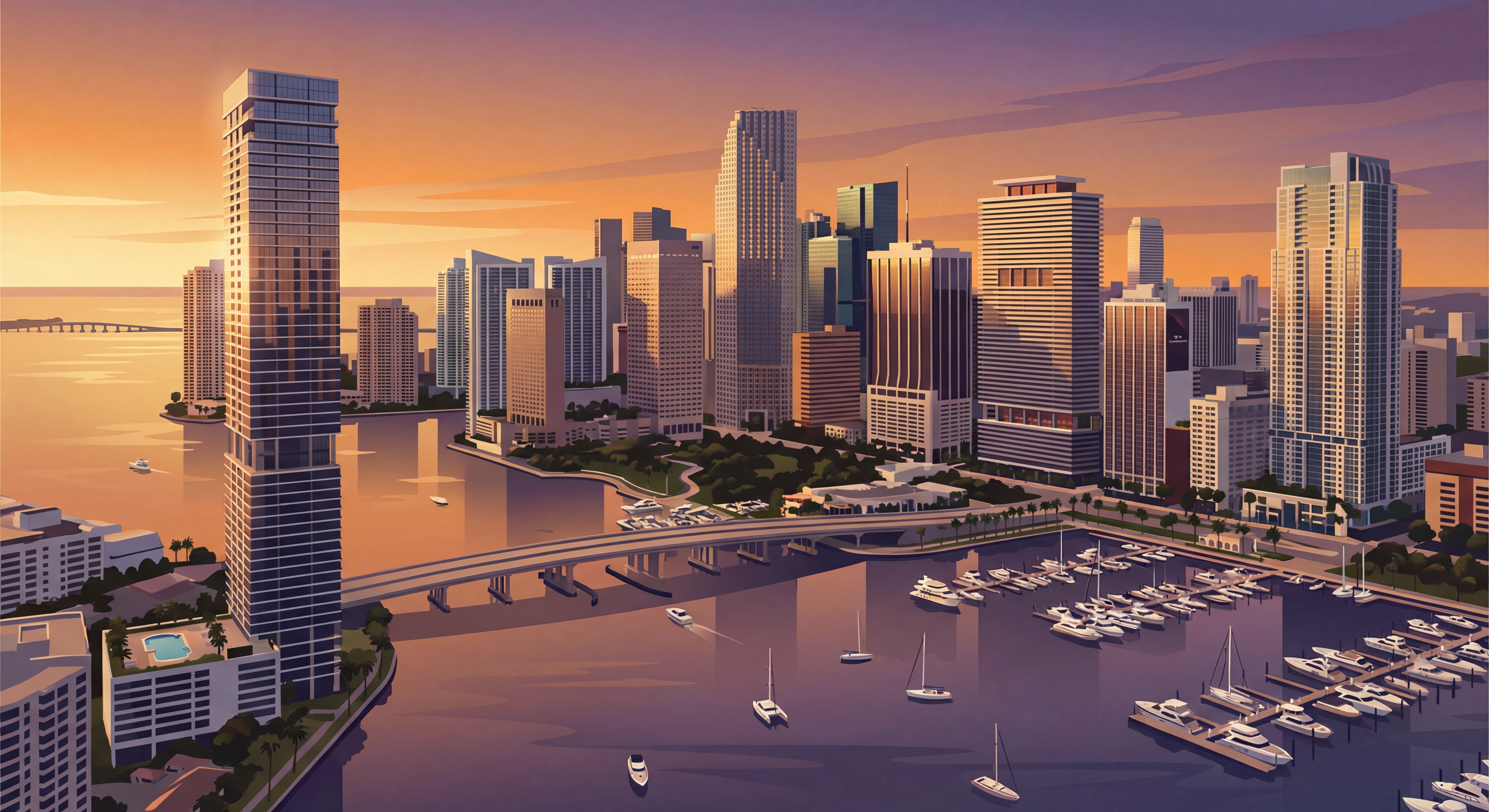 Aerial sunset view of Miami's Brickell skyline with luxury high-rise towers reflecting on Biscayne Bay waterfront