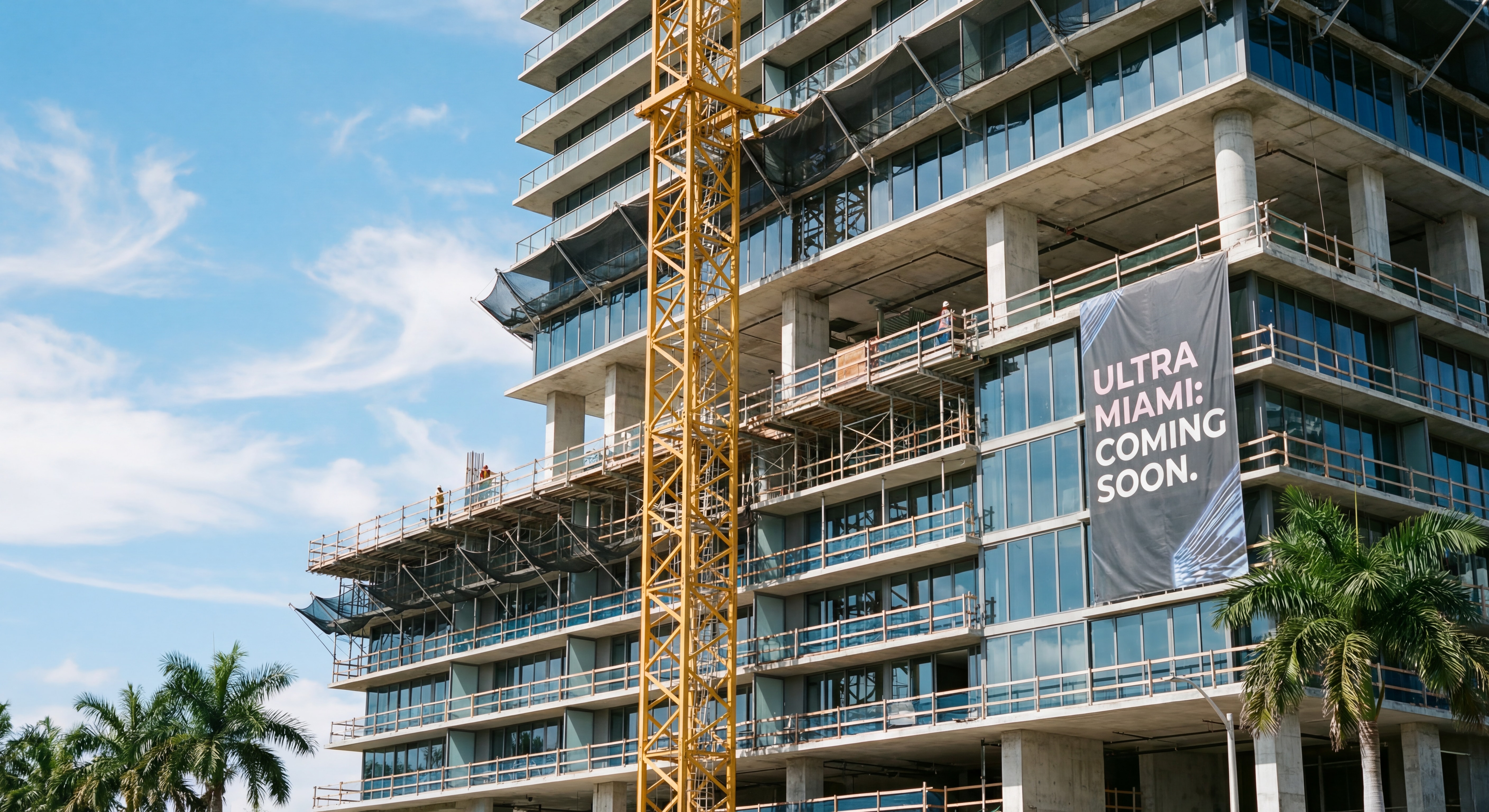 Close-up of luxury new construction Miami condo building under construction with crane, blue sky background