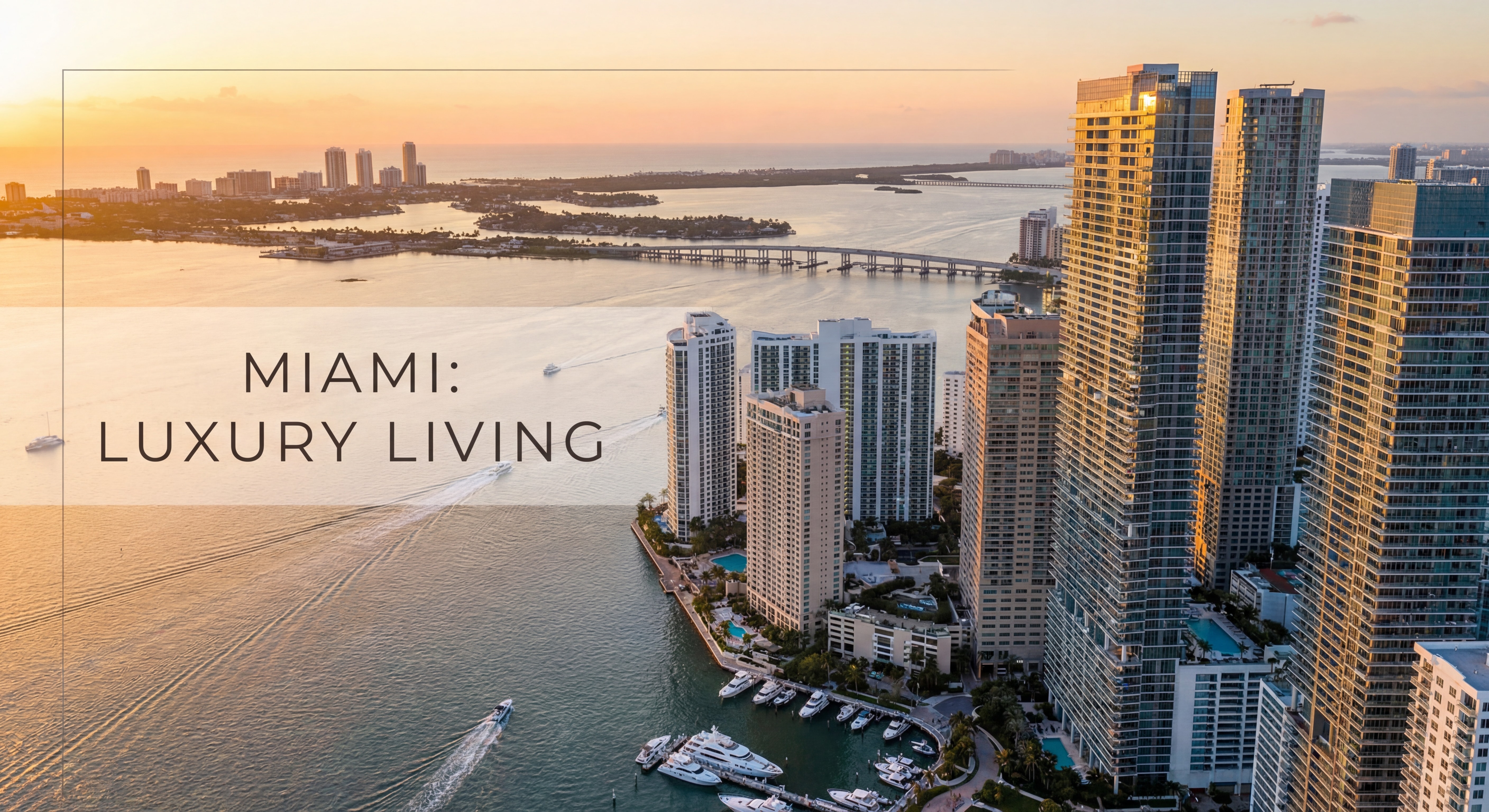 Aerial view of Miami's luxury skyline at sunset with Brickell towers and Biscayne Bay waterfront reflecting golden light