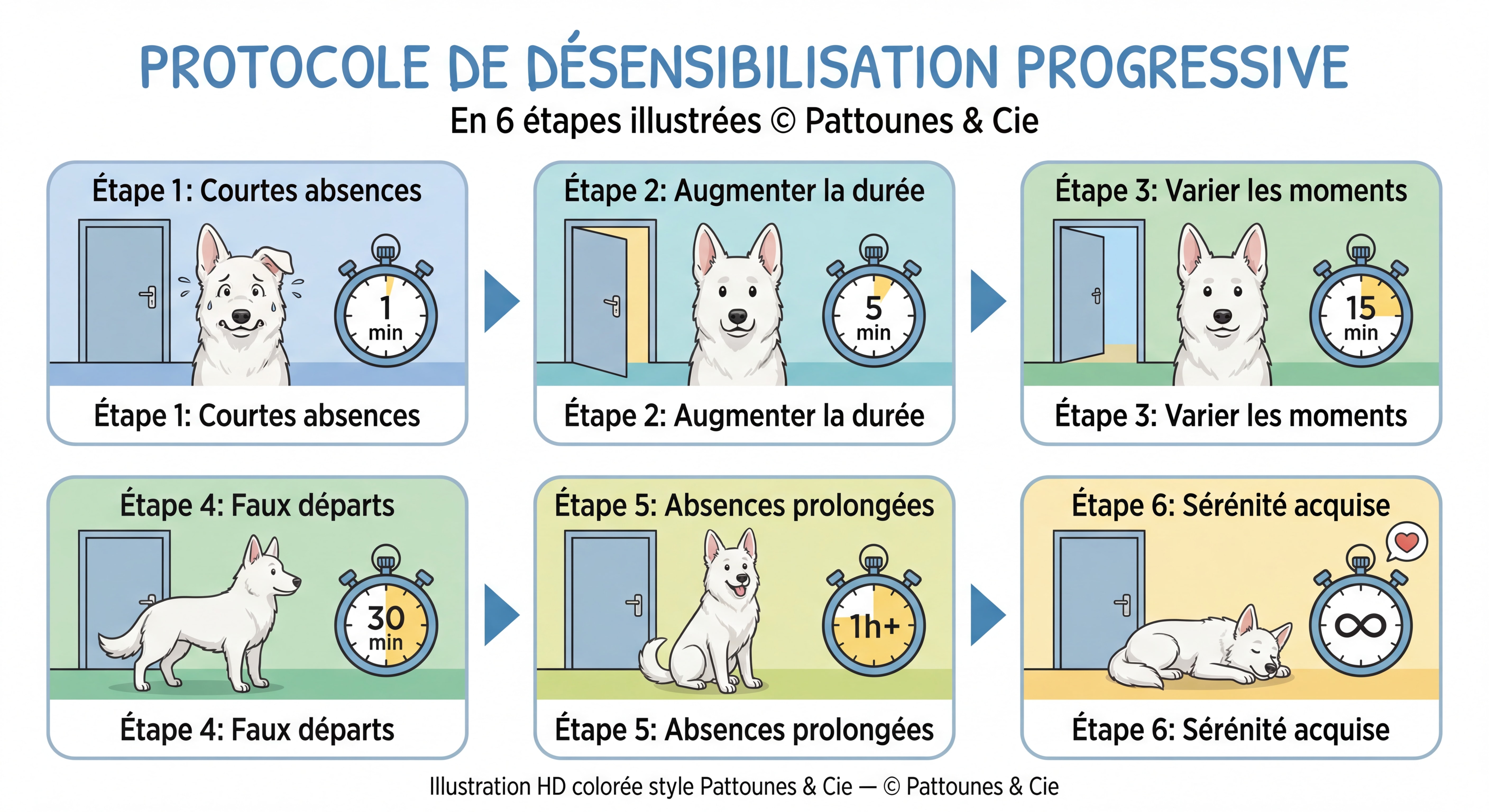 Infographie cartoon HD coloré style Pattounes & Cie — Protocole de désensibilisation progressive en 6 étapes illustrées avec chronomètres, icônes de porte, chien Berger Blanc Suisse de plus en plus serein à chaque étape, légendes et titres en français © Pattounes & Cie