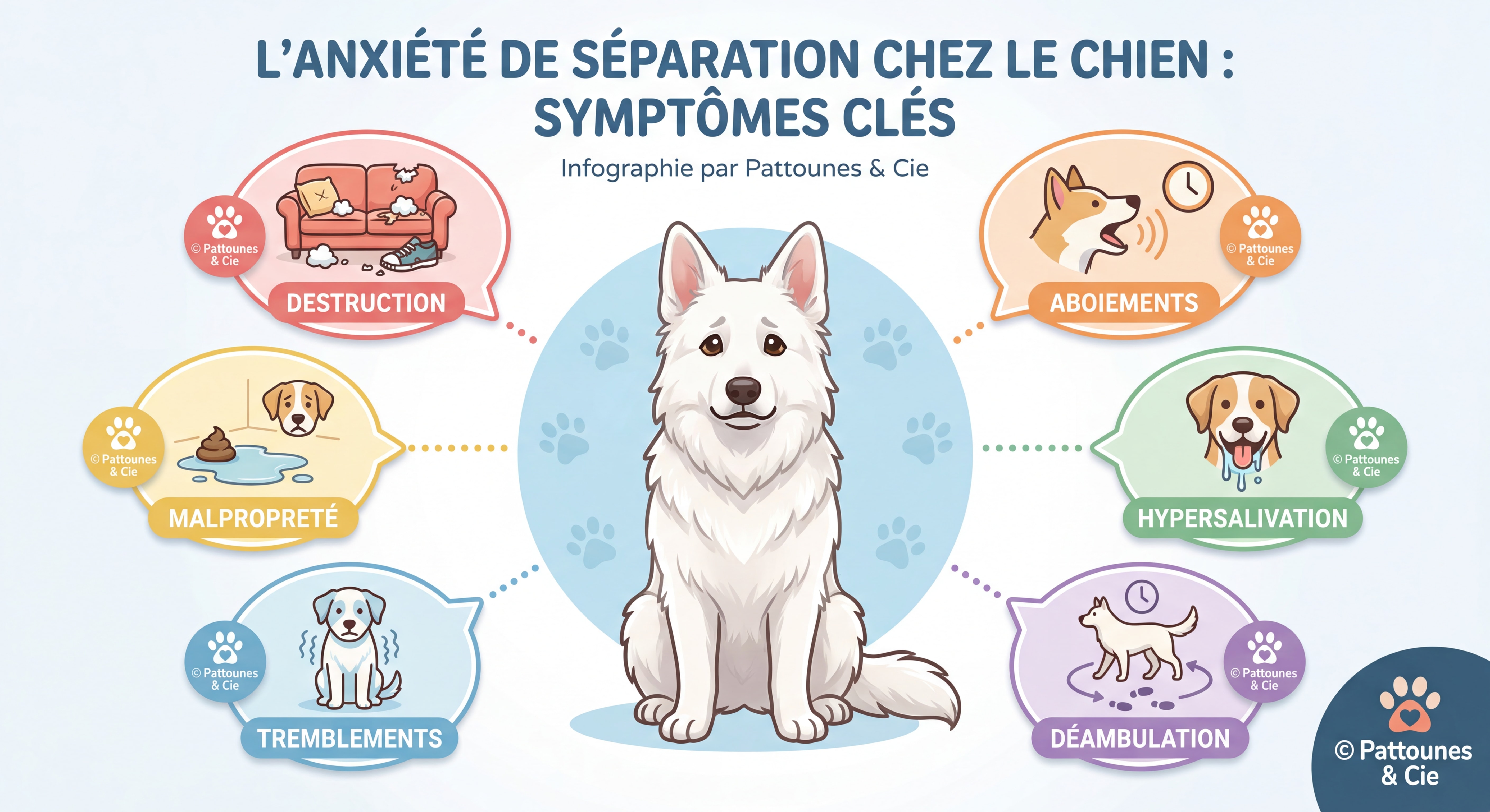 Infographie cartoon HD coloré style Pattounes & Cie — Berger Blanc Suisse entouré de bulles illustrant chaque symptôme de l'anxiété de séparation : destruction, aboiements, malpropreté, hypersalivation, tremblements, déambulation, avec légendes en français et pastilles colorées © Pattounes & Cie