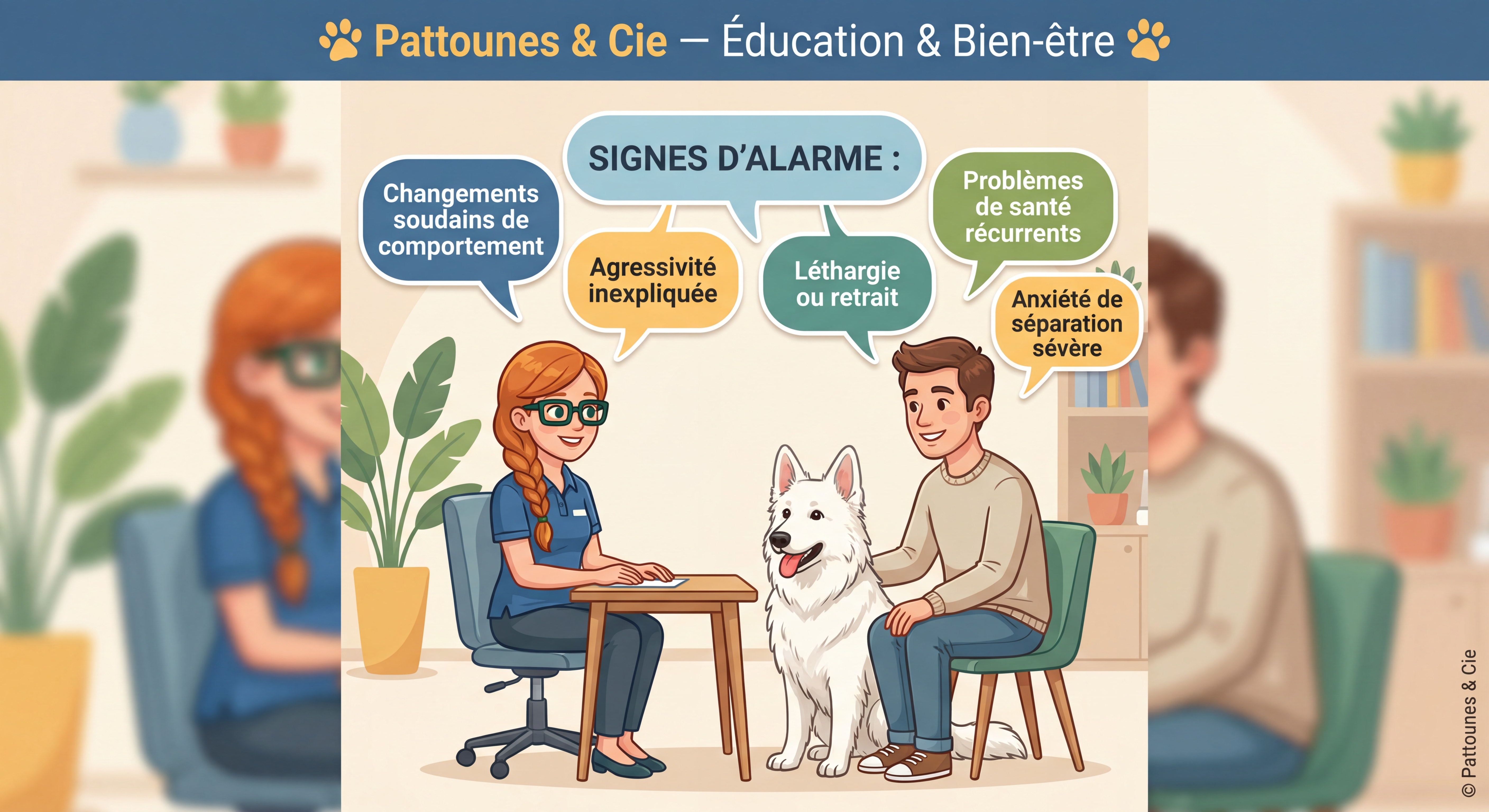 Infographie cartoon HD coloré style Pattounes & Cie — Éducatrice rousse cheveux longs tresse lunettes rectangulaires vert foncé en consultation avec un propriétaire et son Berger Blanc Suisse, liste des signaux d'alarme en bulles colorées, texte en français, atmosphère bienveillante et professionnelle © Pattounes & Cie