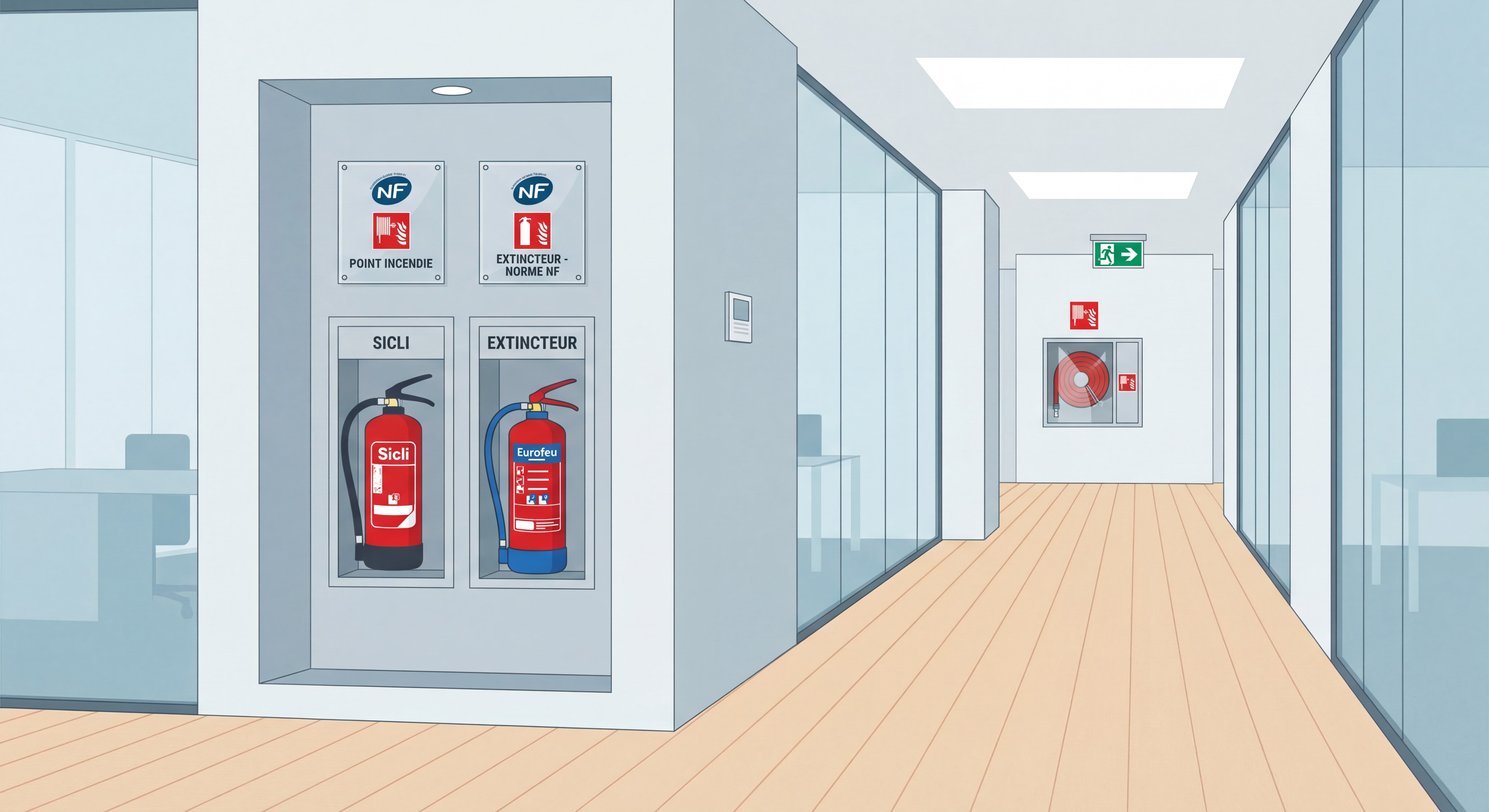Extincteur Sicli et Eurofeu installés dans un couloir professionnel avec signalétique incendie conforme aux normes NF