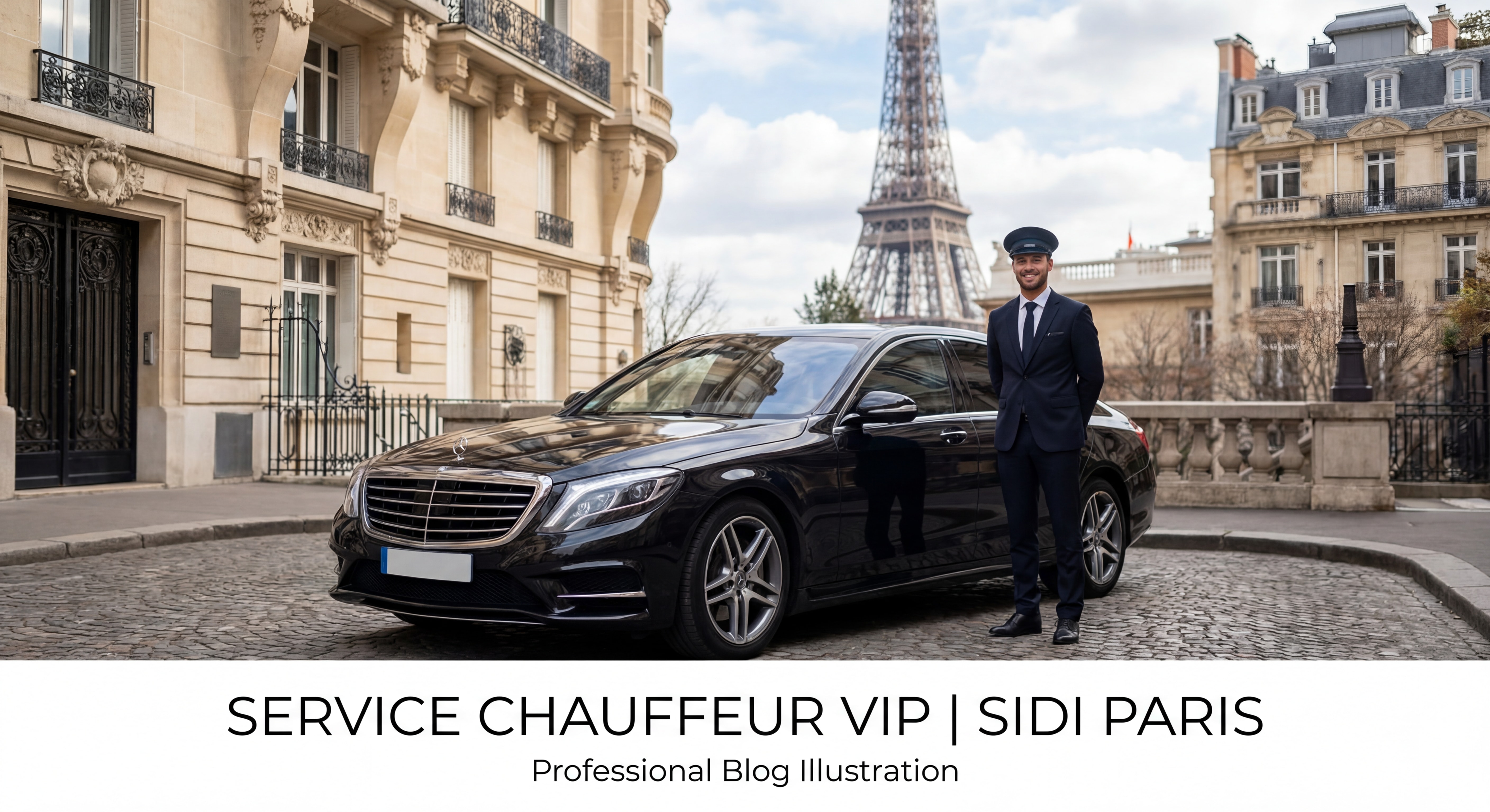 Chauffeur professionnel en costume devant une Mercedes Classe S noire à Paris, service VIP entreprise SIDI Paris
