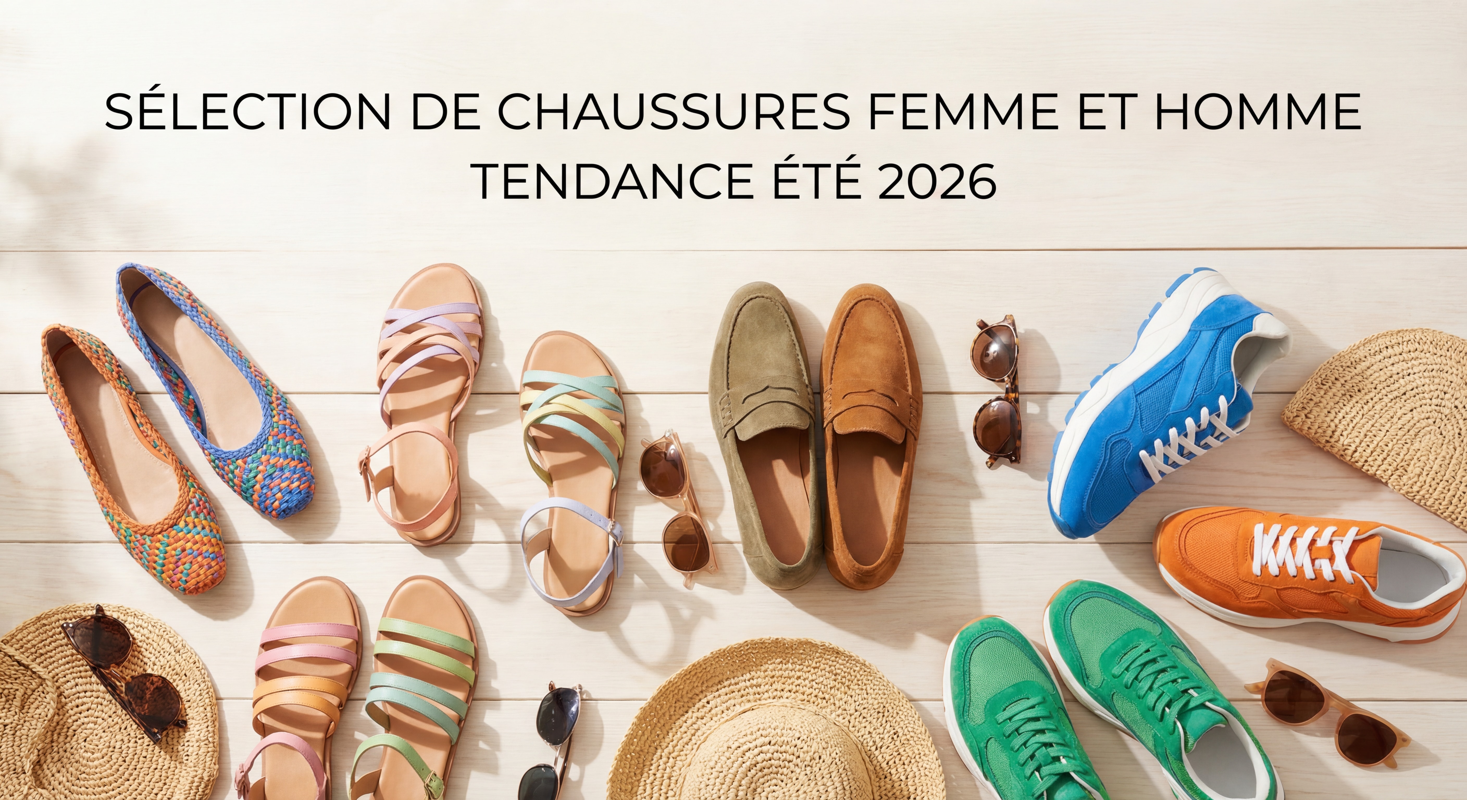 Selection of trendy women’s and men’s shoes for summer 2026 — ballerinas, sandals, loafers, and colorful sneakers on a bright, sunny background